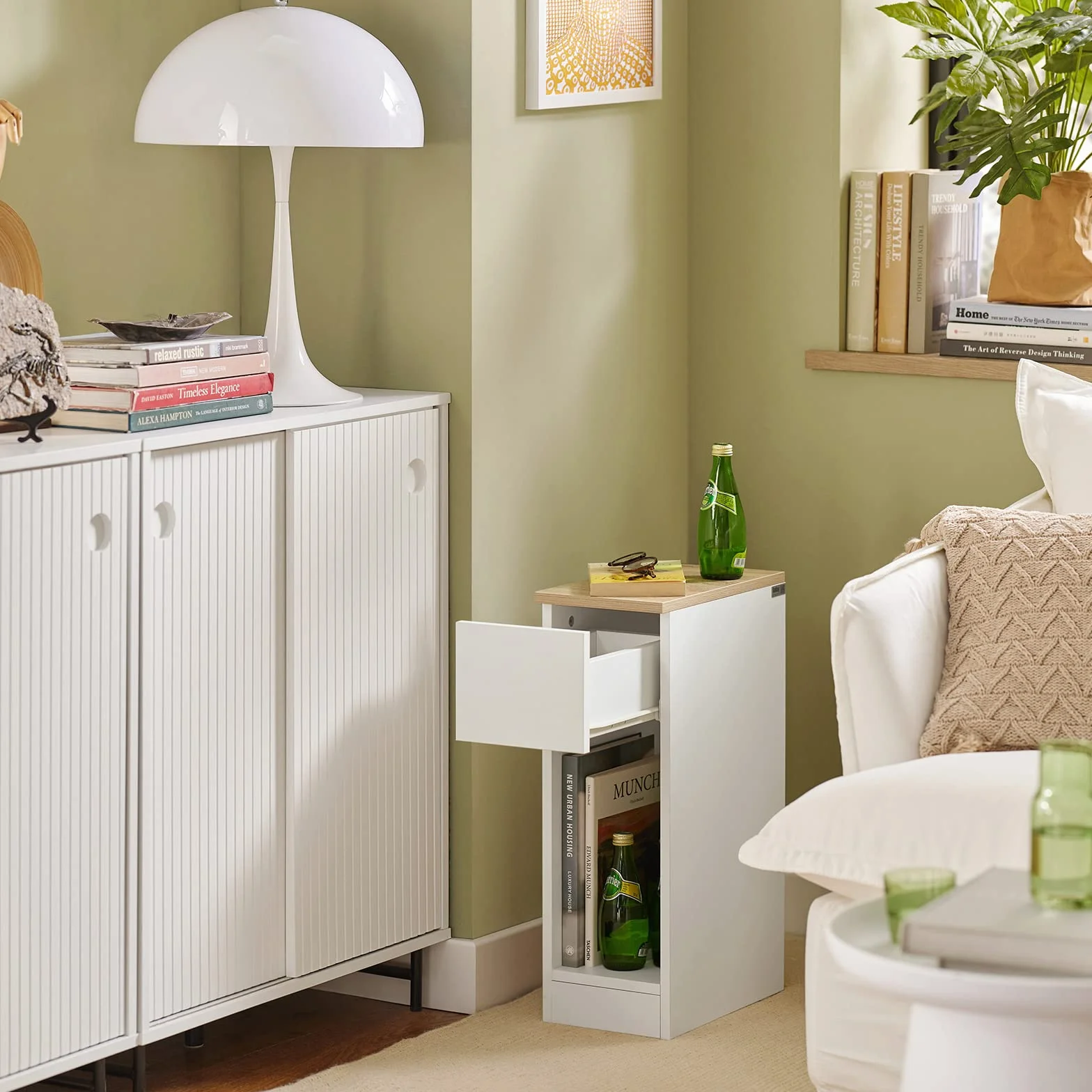 SoBuy Wąska Szafka Nocna, Stolik Nocny z Szufladą i Półką, Wąski Stolik Boczy do Sypialni i Salonu, Biały W20 × G35 × H60cm FBT111-WN