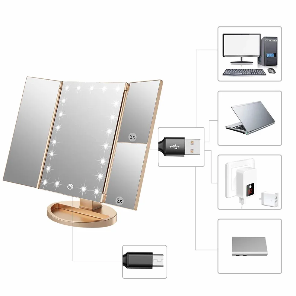 WEILY Lusterko do makijażu z powiększeniem 1x, 2x i 3x, z 21 diodami LED i ekranem dotykowym, regulowane podświetlane trzypanelowe lustro na toaletkę, nablatowe lusterko kosmetyczne (złote)