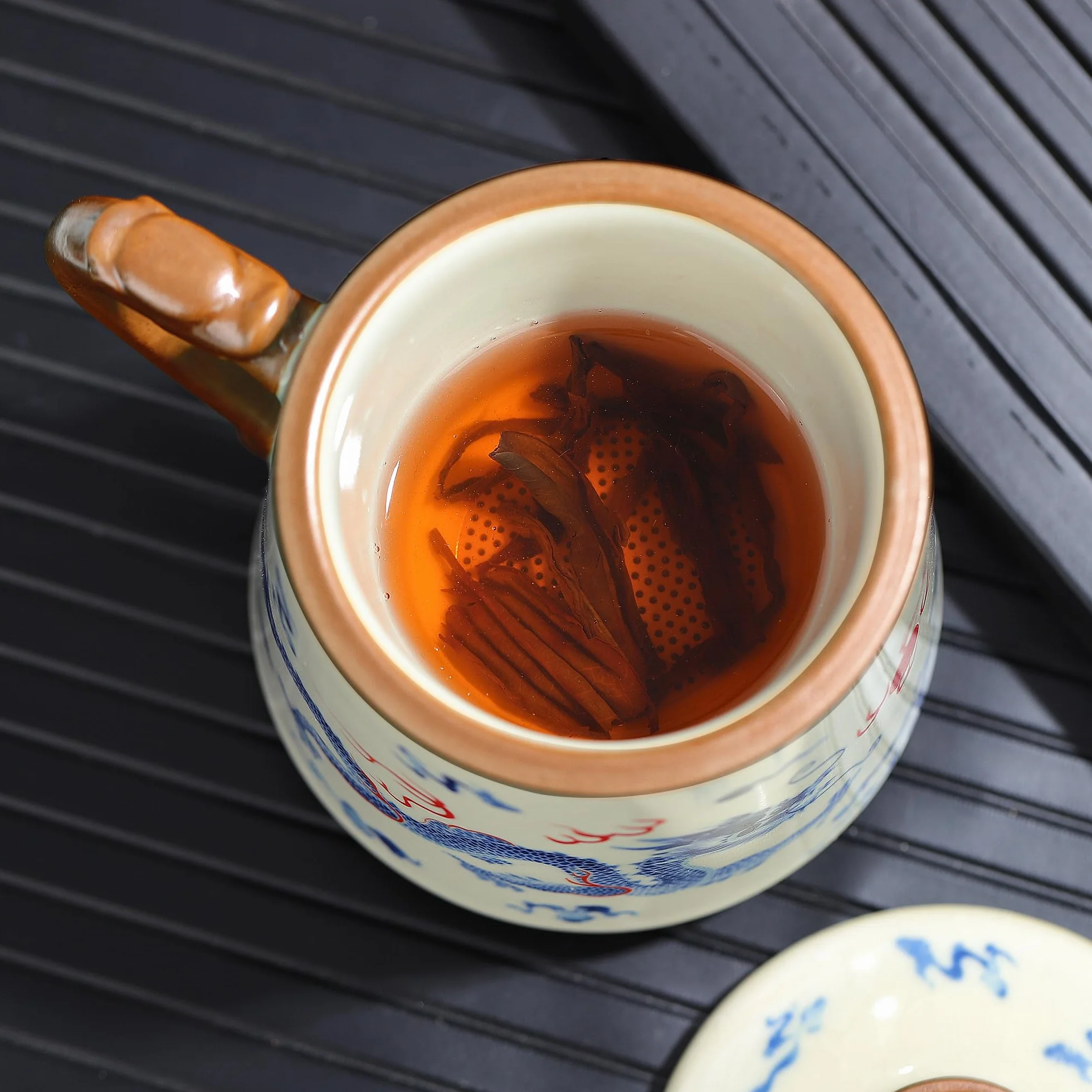 fanquare Chińskie filiżanki do herbaty z zaparzaczem i pokrywką, niebieskie filiżanki do herbaty Loong, porcelana, duża filiżanka do herbaty, na prezent domowy, 450 ml