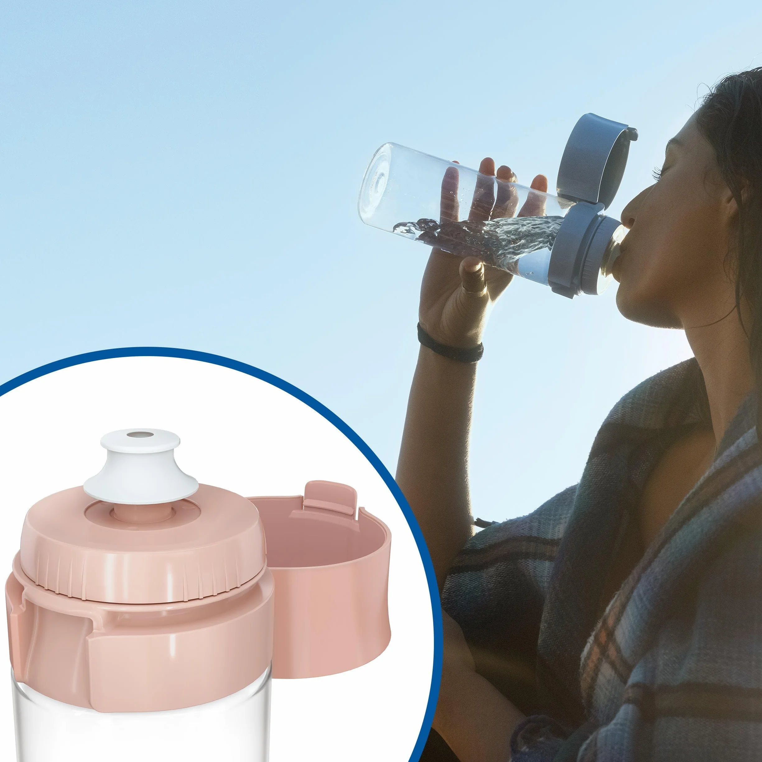 BRITA Butelka z filtrem do wody Model Vital morelowa (600 ml) w zestawie z 2 filtrami MicroDisc – praktyczna butelka na napoje z filtrem do wody w podróży, filtruje chlor i bakterie podczas