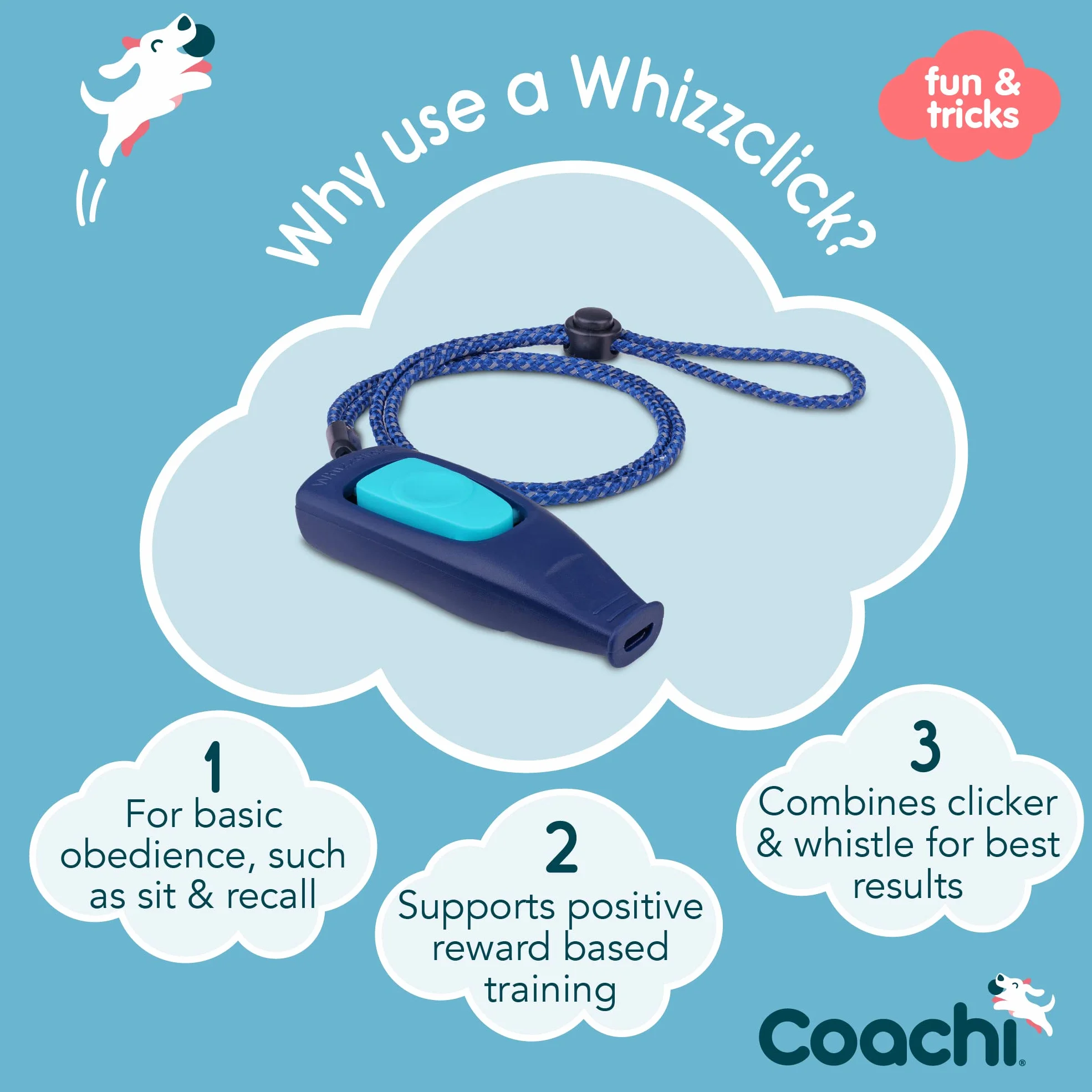 Coachi Whizzclick, 2-in-1 Combined Clicker and Whistle, Dog Training Whistle for Recall and Clicker Training for Rewarding, Adjustable and Reflective Lanyard, Suitable for Dogs and Puppies