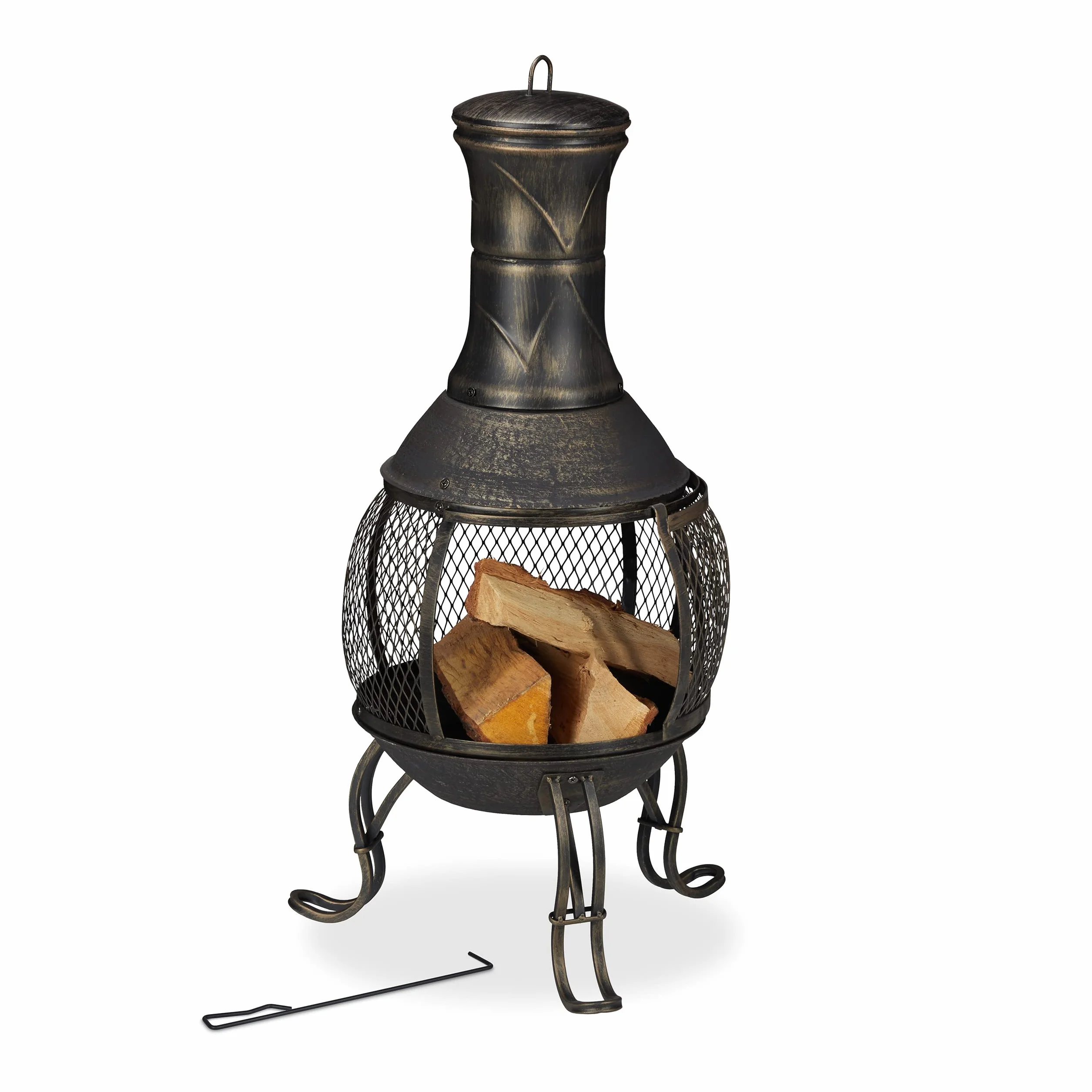 Relaxdays Piec tarasowy, stal i żeliwo, wys. x śr.: 88 x 36 cm, kominek ogrodowy, ochrona przed iskrami, Chiminea, piec aztecki, czarny/złoty