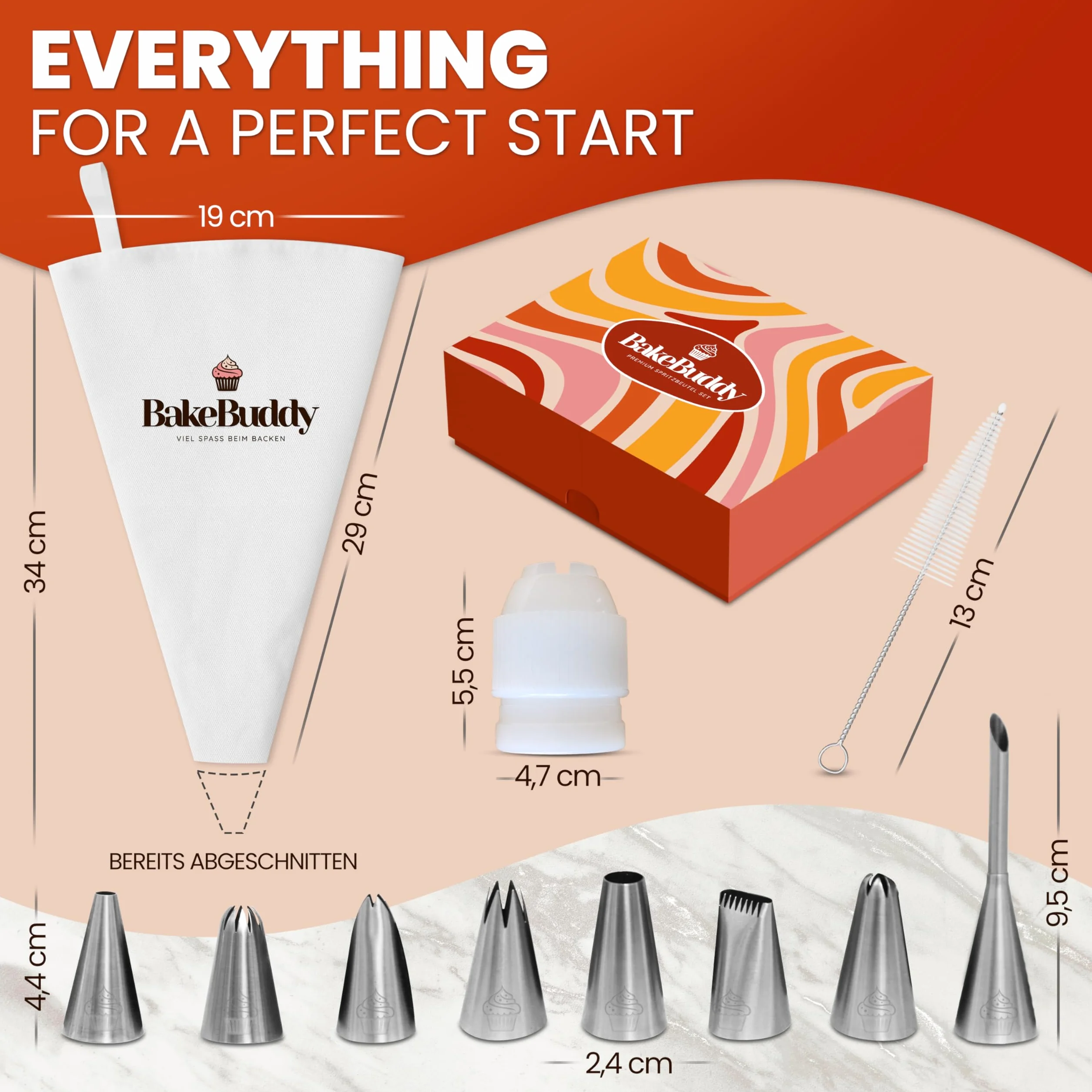 Premium Zestaw Rękaw Cukierniczy (11 el.) – Bawełniany Worek do Dekoracji (35 cm) + Tylki ze Stali Nierdzewnej – Wielorazowy, do Zmywarki, Adapter & Pudełko Prezentowe