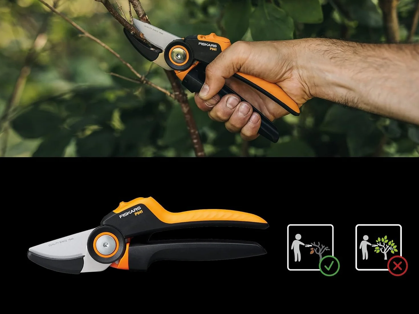 Fiskars Sekator kowadełkowy, X-series PowerGear, P941, Z uchwytem rolkowym, Do suchych gałęzi, Powłoka nieprzywierająca, Ostrza ze stali nierdzewnej, Długość: 22,2 cm, Czarny / pomarańczowy, 1057174