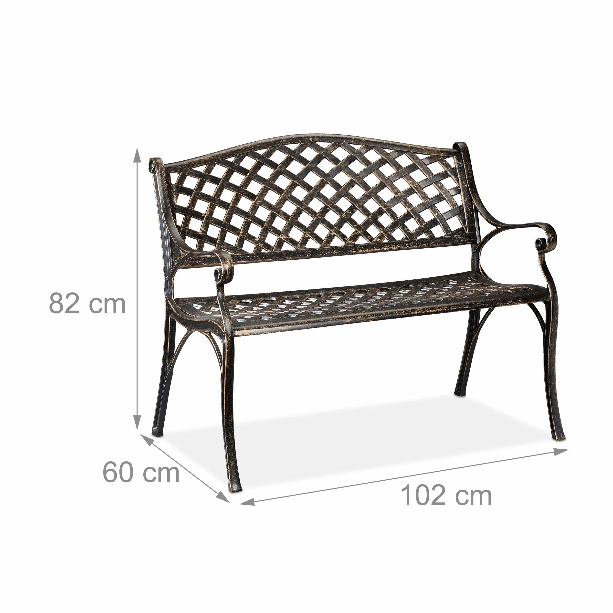 Relaxdays Ławka ogrodowa, do ogrodu i na balkon, 2-osobowa, antyczny design, aluminiowa ławka do siedzenia, wys. x gł.: 82 x 102 x 60 cm, czarno-brązowa