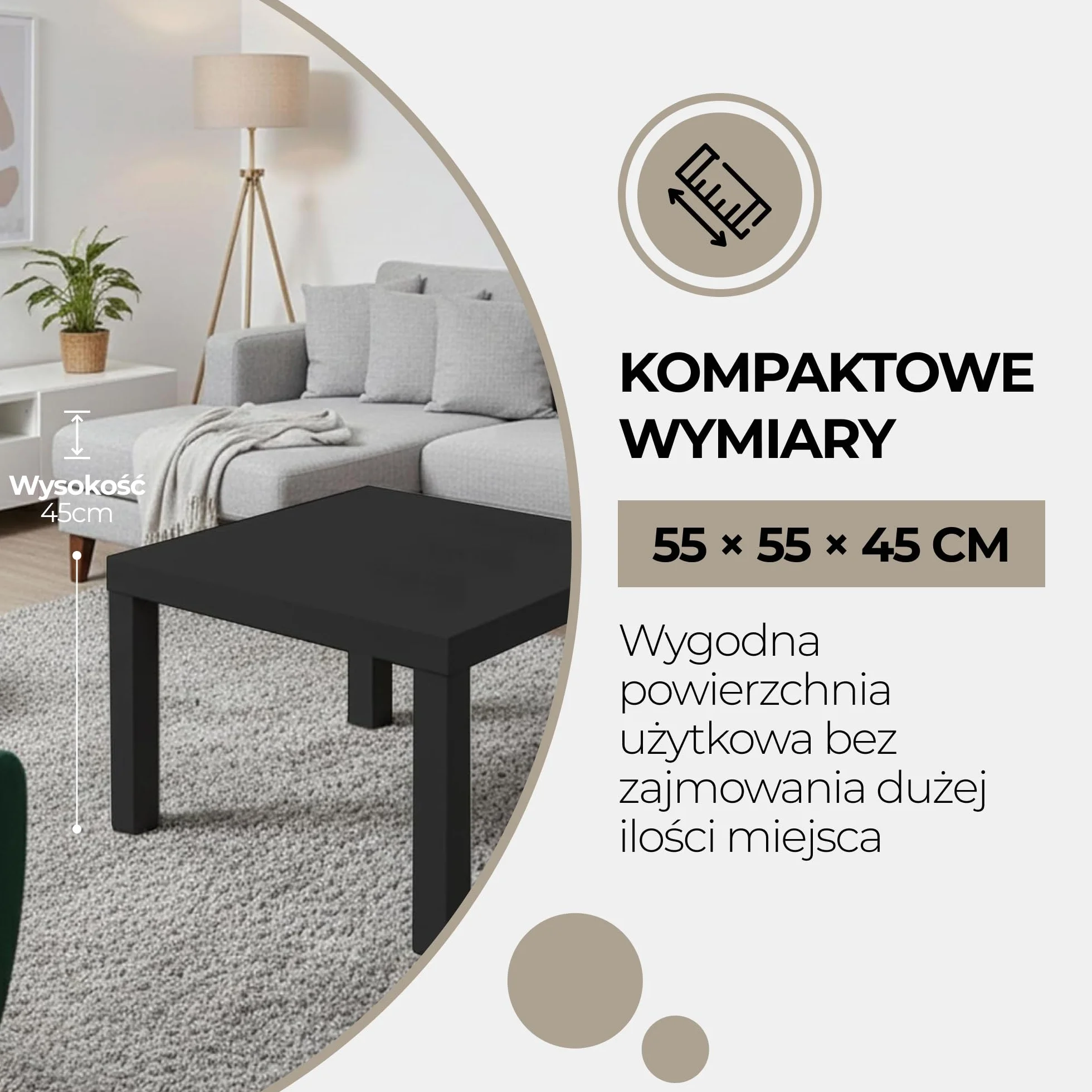 Nowoczesny stolik kawowy biały i czarny ze wzorem – mały stolik do salonu 55 x 55 cm – kwadratowy stolik kawowy – mini stolik i stolik kawowy – czarny