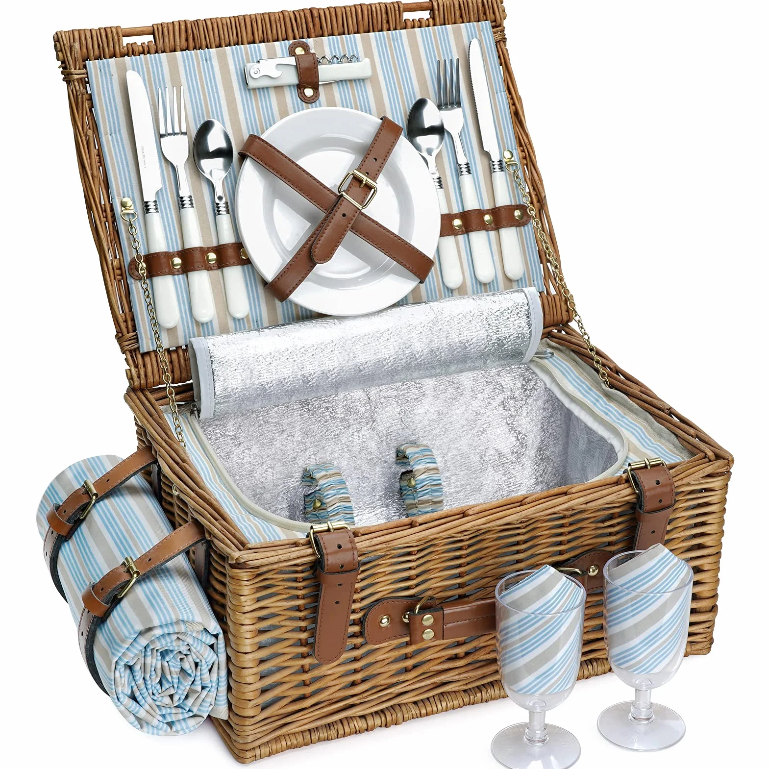 HappyPicnic Wiklinowy kosz piknikowy dla 4 osób, Willow Storage Hamper, zestaw upominkowy na kemping i imprezę na świeżym powietrzu (rozmiar M dla 2 osób)