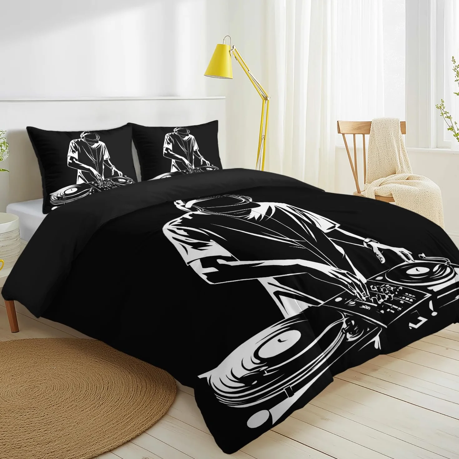 Miękka pościel 3-częściowy 155 x 220 cm – oddychająca i przyjazna dla skóry pościel czarna – minimalistyczny gramofon, awangardowy, modna poszewka na kołdrę dla muzyków, fanów elektryków