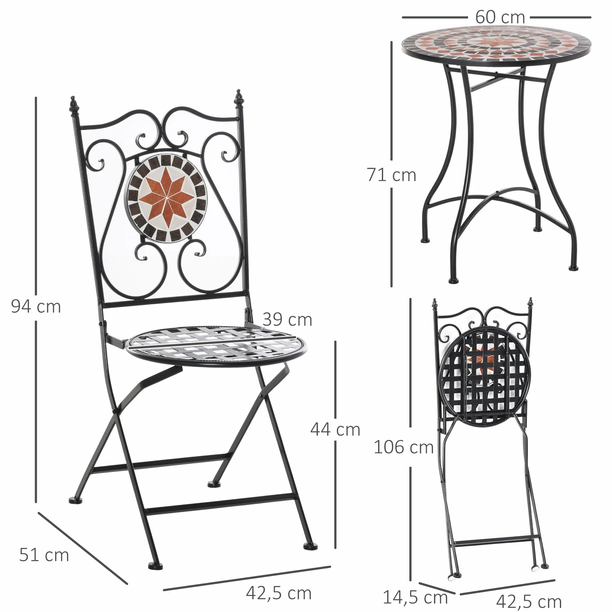 3-częściowy zestaw mebli ogrodowych Outsunny stolik mozaikowy z krzesłami komplet mebli balkonowych komplet mebli ogrodowych 1 stolik + 2 składane krzesła taras metal kolorowy