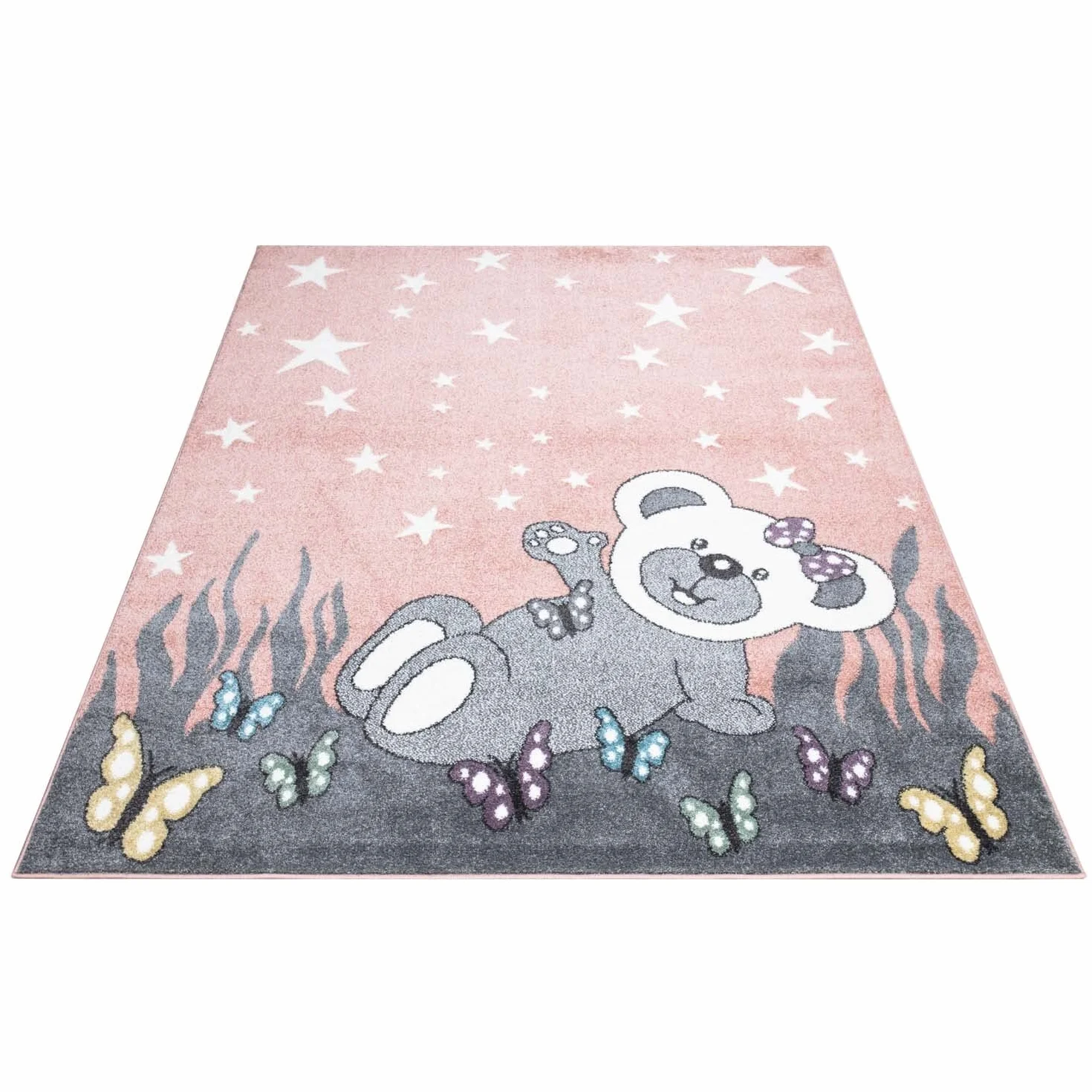 carpet city Dywan do pokoju dziecięcego, motyw: miś – różowy, szary, 120 x 160 cm – dywan dziecięcy z krótkim włosiem z gwiazdami, motylami – miękkie runo