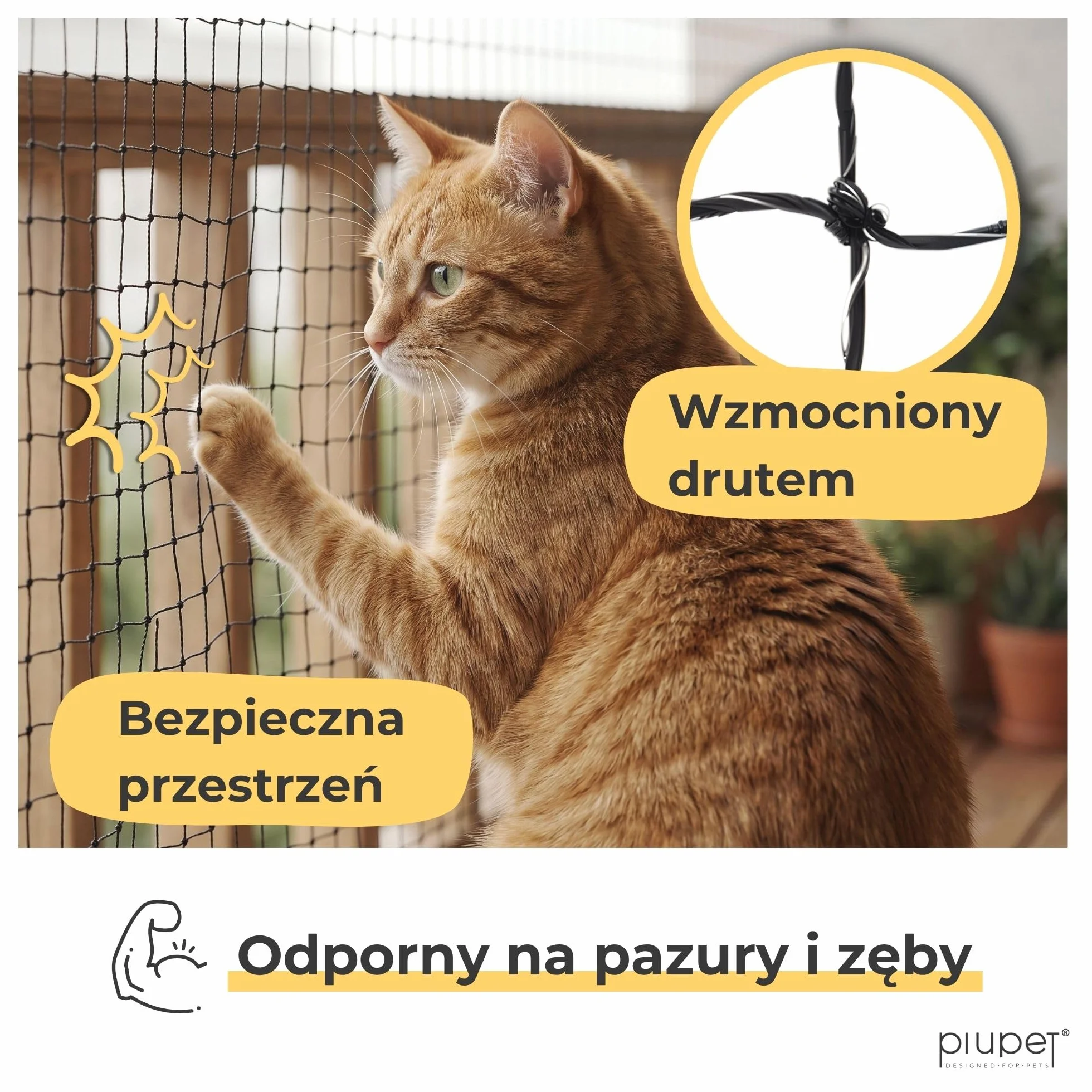 PiuPet® Siatka dla kota wzmocniona drutem 4 x 3 m, na balkon i okno, w zestawie zestaw do mocowania, siatka balkonowa dla kotów, czarna