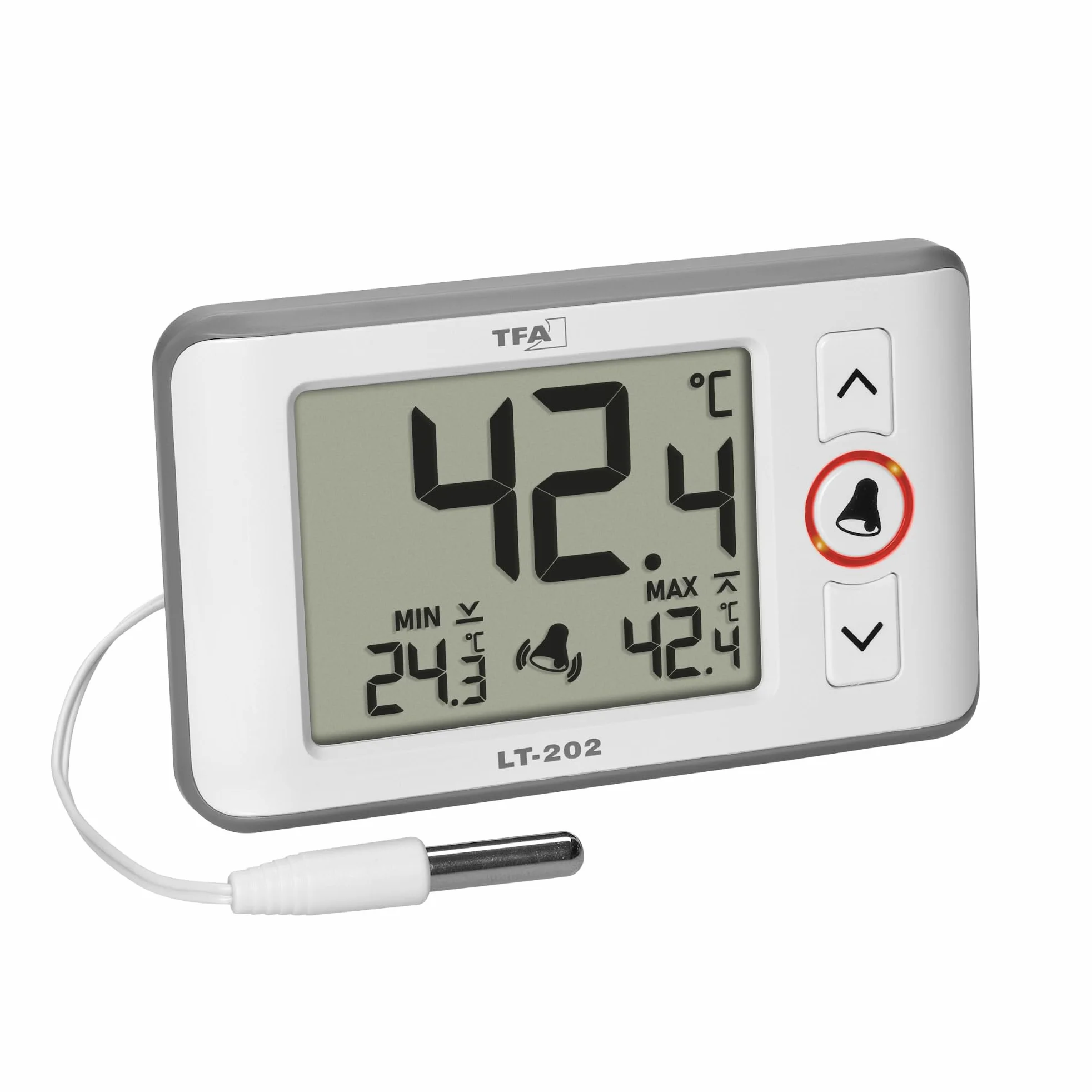 TFA Dostmann Profesjonalny termometr cyfrowy z wodoszczelnym czujnikiem kabla LT202, 30.1052, stałe wyświetlanie wartości maksymalnych i min., alarm temperatury, nadaje się do akwariów/lodówek (biały