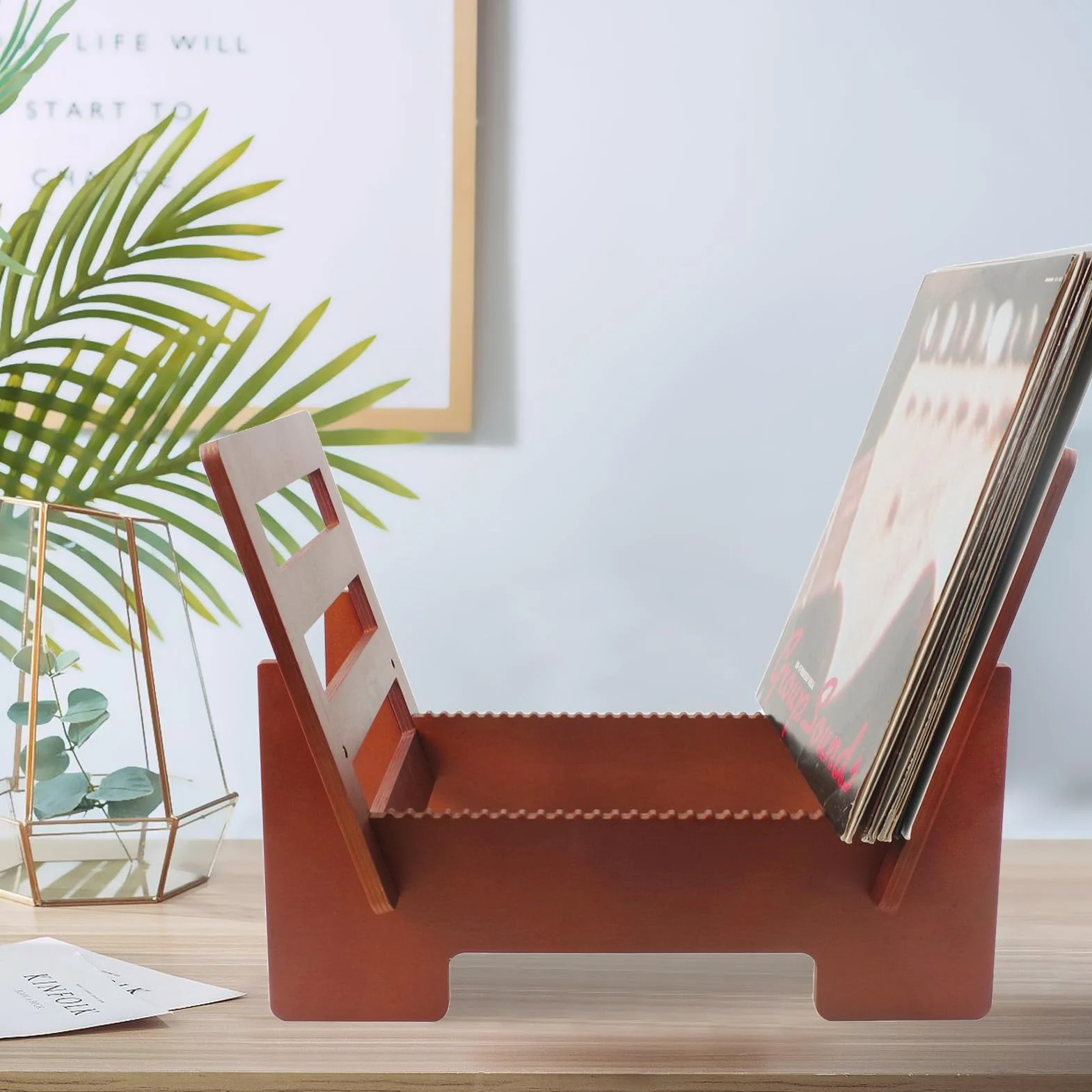 Stylowy brązowy stojak do przechowywania płyt - elegancki stojak na albumy i czasopisma do domowego biura i poczekalni - idealny winylowy uchwyt dla miłośników muzyki
