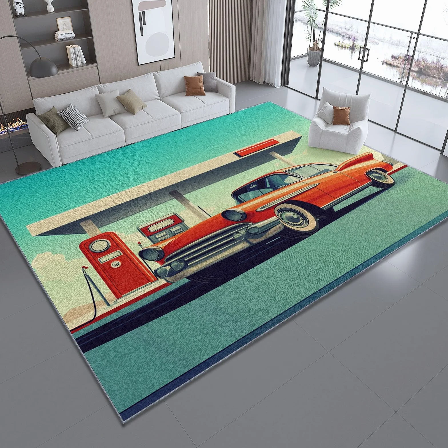 Dywan do salonu 160 x 230 cm Można prać w pralce Duży dywan Sypialnia Dorosły Retro Samochody Stacje Obsługiwane Miękkie Łóżko Downhill Dekoracja Sypialni Jedzenie, Czerwony