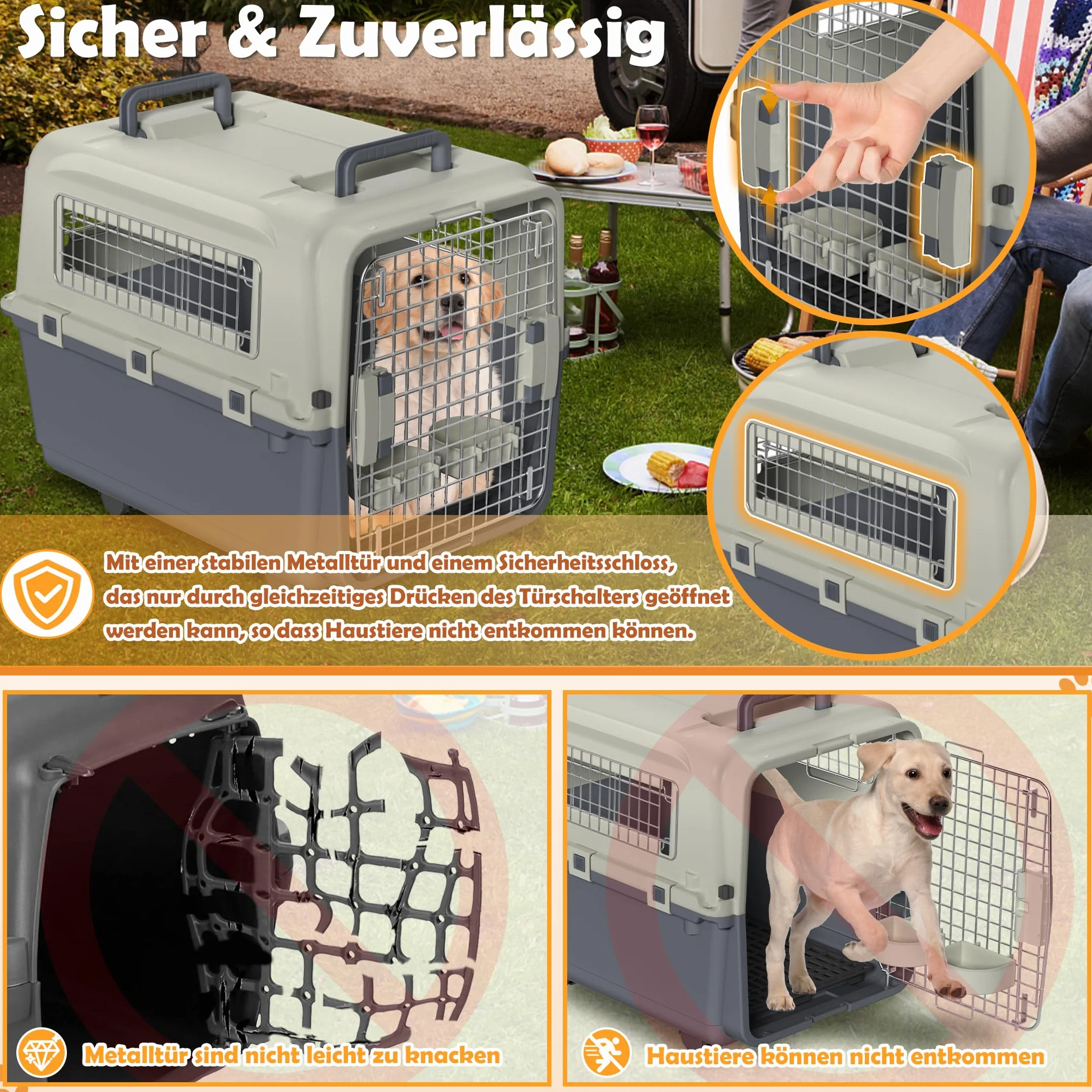 Froadp Pudełko transportowe dla zwierząt domowych, psa, kota, z tworzywa sztucznego PP, 67 x 51 x 58,5 cm, z kółkami i uchwytami dystansowymi na mocz i wiszącymi miseczkami do jedzenia