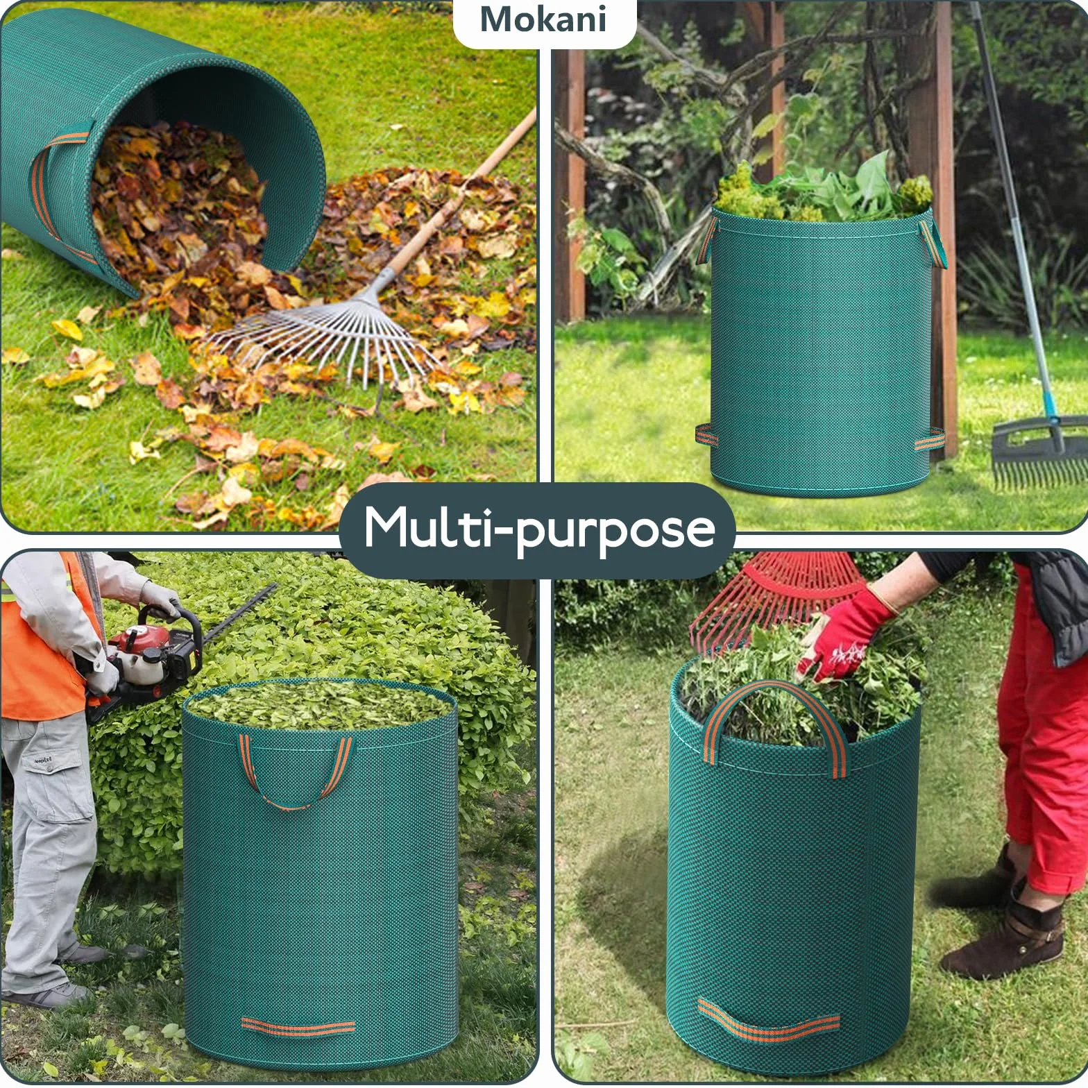 Mokani Worki na odpady ogrodowe, wytrzymałe, z uchwytami, 120 l x 3 worki ogrodowe wielokrotnego użytku, składane, kempingowe, do recyklingu, na liście, śmieci, gruz, ogrodowe worki na śmieci