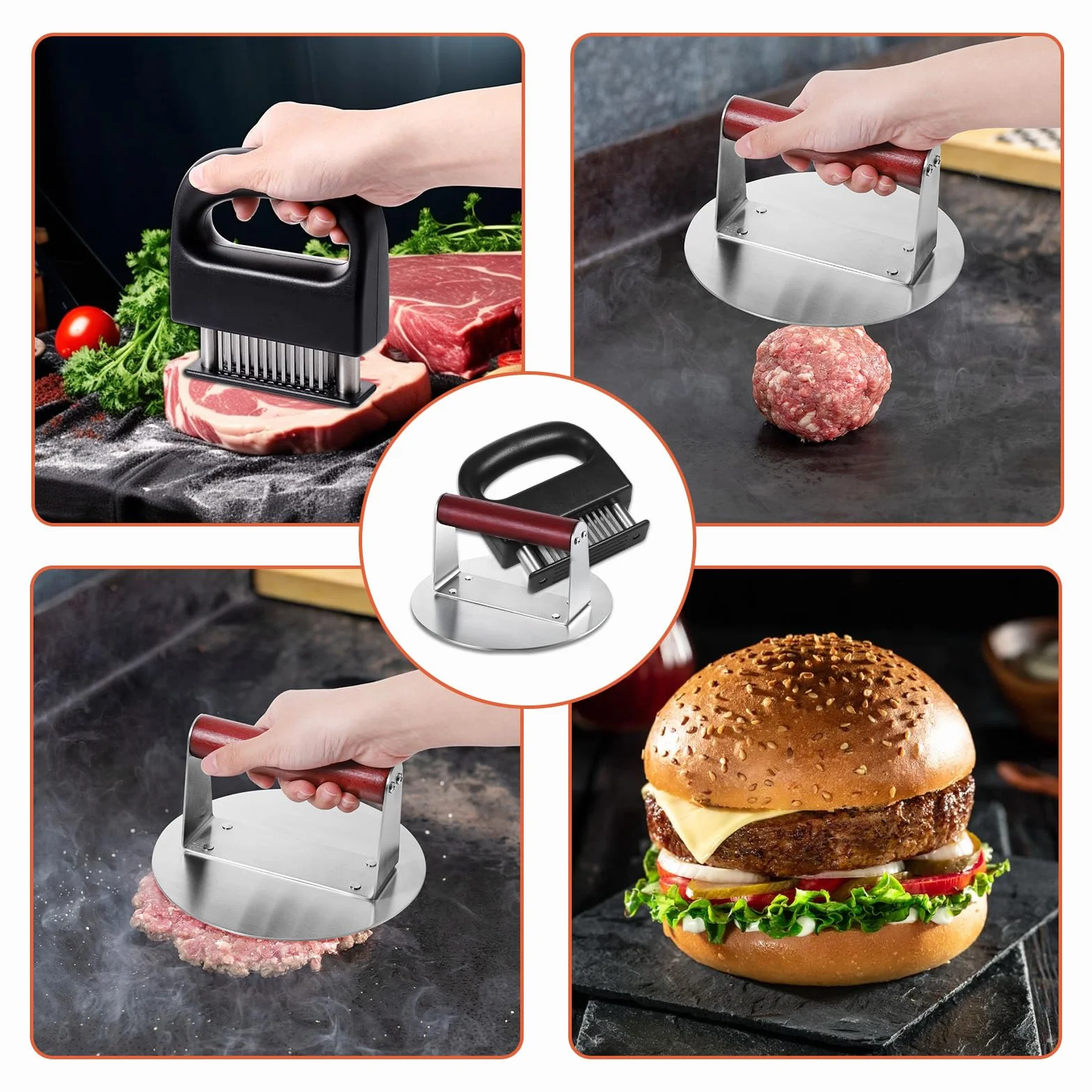 Smash zestaw do hamburgerów, w zestawie ze stali nierdzewnej o średnicy 6,3 cala, z 48 ostrzami ze stali nierdzewnej, profesjonalna prasa do burgerów ze stali nierdzewnej, akcesoria do grilla