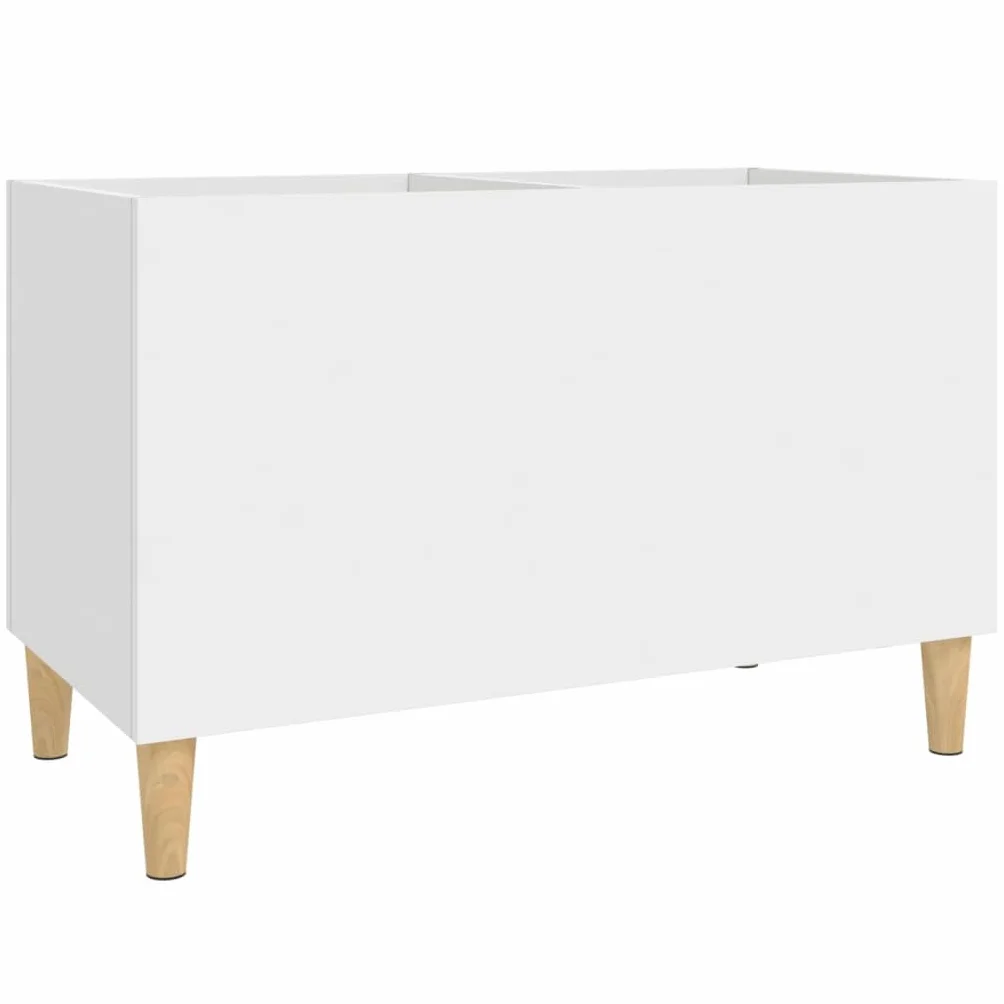 Biała szafka z płyt drewnopochodnych z drewnianymi nogami 74,5 x 38 x 48 cm, przestronny kredens do salonu, uniwersalna szafka pod telewizor i regał na płyty CD do porządnej kolekcji muzyki