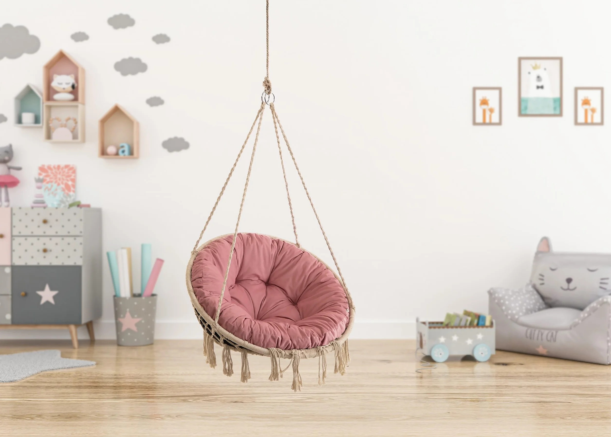 PillowPrim Aksamitna poduszka na fotel wiszący, fotel huśtawkowy, zmywalny, okrągły, różowy, 92 cm