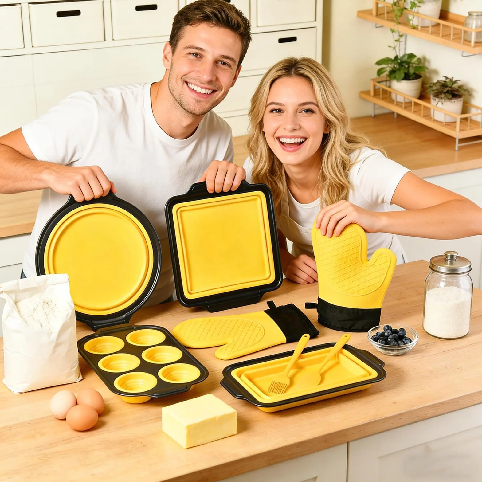 Silikonowa forma do pieczenia Układane na stos | Z zestawem rękawic, skrobaczki i pędzelka Do pieczenia muffin, chleba, babeczek w piekarniku, idealna do kuchni,