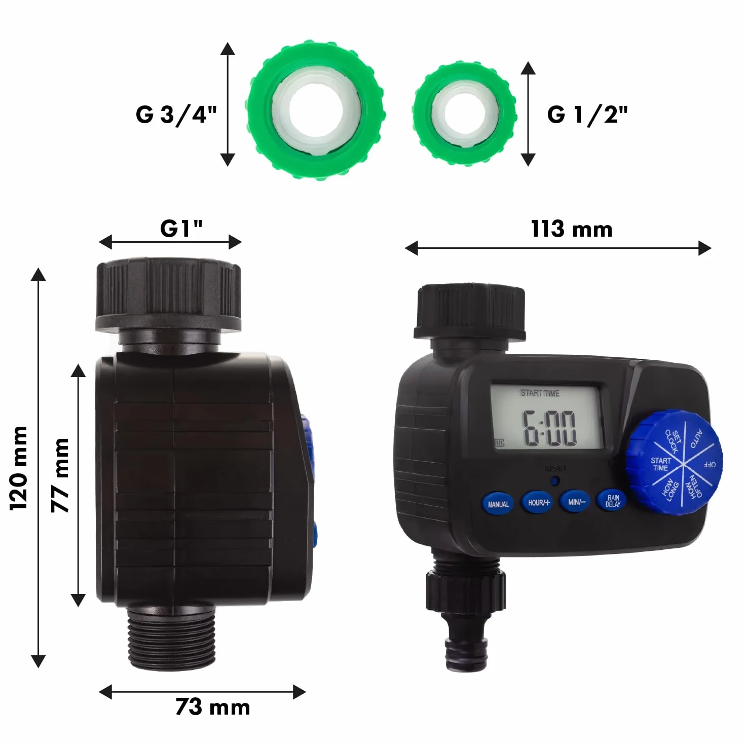 Green Blue Sterowanie nawadnianiem | Elektroniczny regulator nawadniania z ochroną IP55 | Automatyczny timer nawadniania ogrodu z wyświetlaczem i funkcją ręcznego uruchamiania