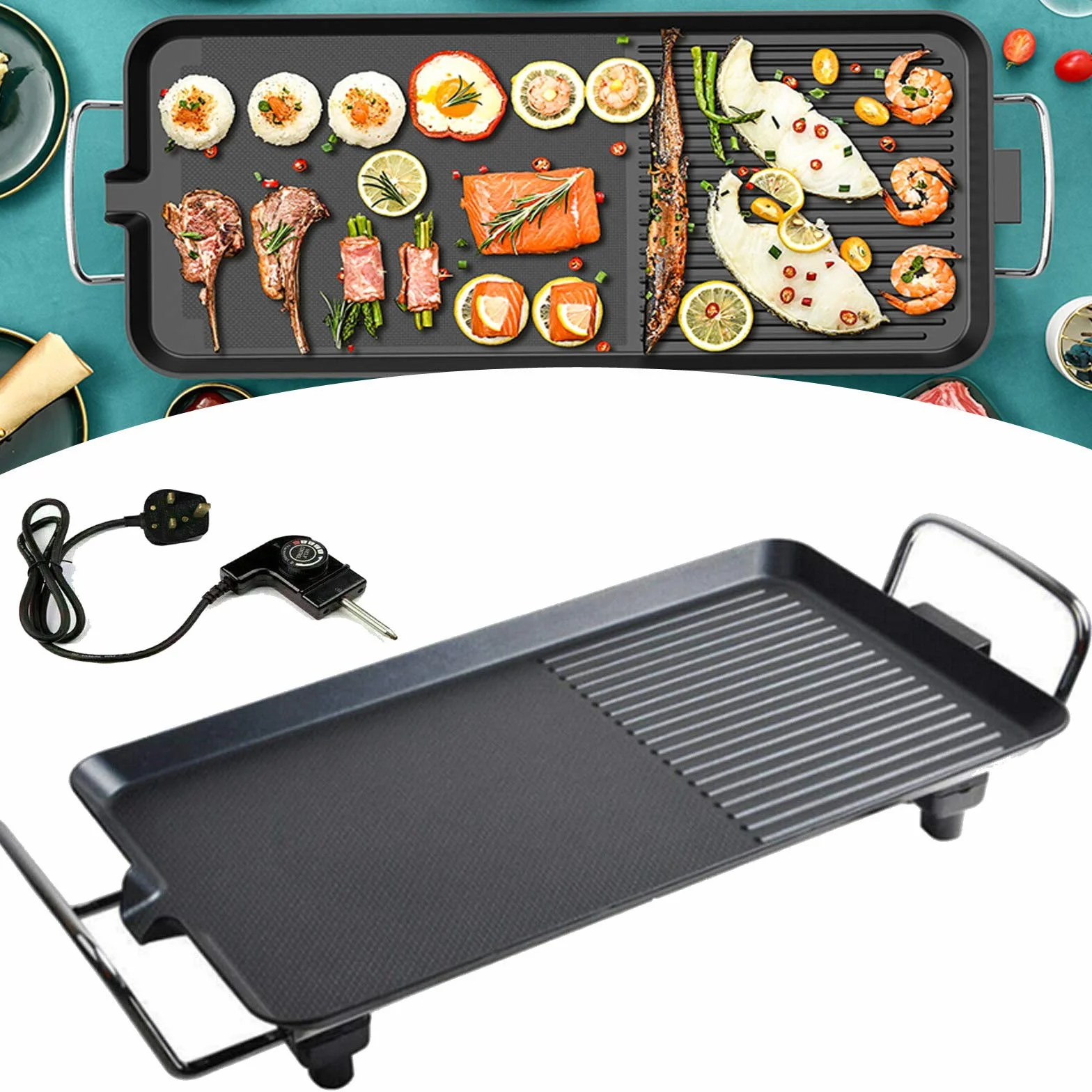 Grill elektryczny Teppanyaki, 1500 W, płyta grzewcza BBQ, powłoka zapobiegająca przywieraniu i szybkie nagrzewanie, gotowanie na biurku na rodzinne spotkania, przyjęcia, kolacje w pomieszczeniach lub