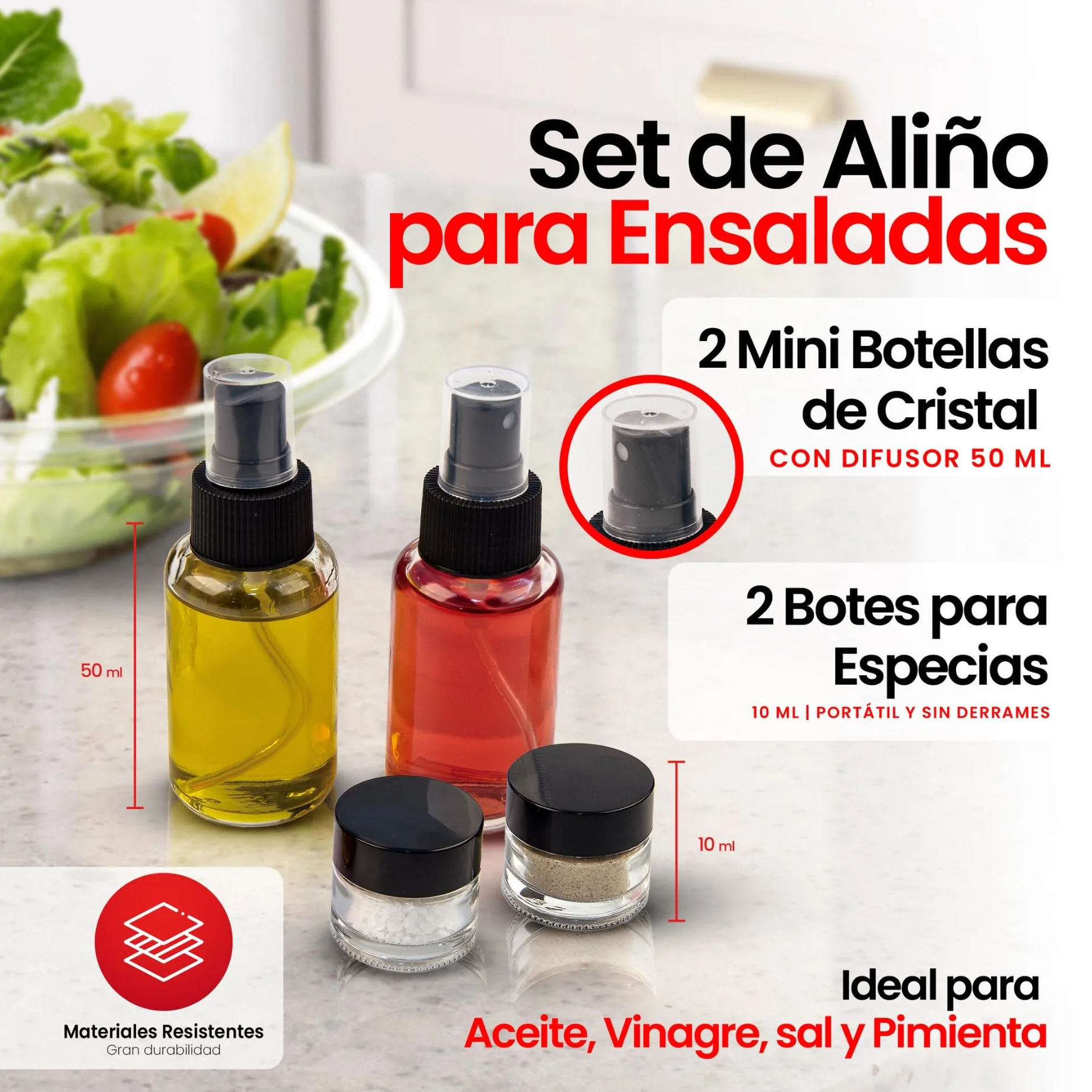 IRIS BARCELONA - Zestaw do sałatek do sałatek, 2 mini szklane butelki z dyfuzorem 50 ml i 2 szklane słoiki z pokrywką 10 ml