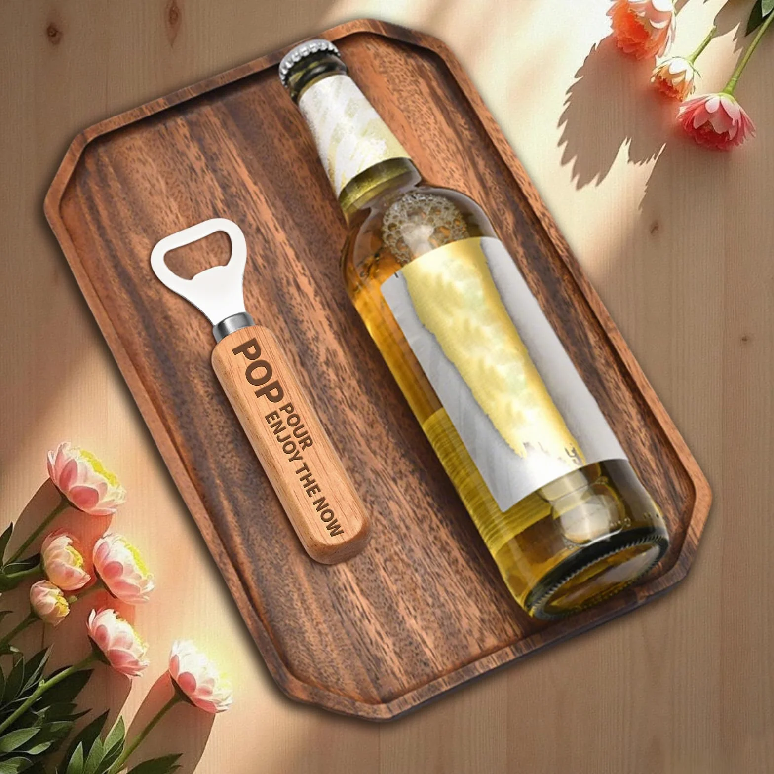 Otwieracz do butelek z POP POUR ENJOY THE NOW, drewniany otwieracz do butelek piwa, praktyczny otwieracz do butelek piwa, spersonalizowany prezent dla innych, nadaje się do domu, baru, BBQ, na