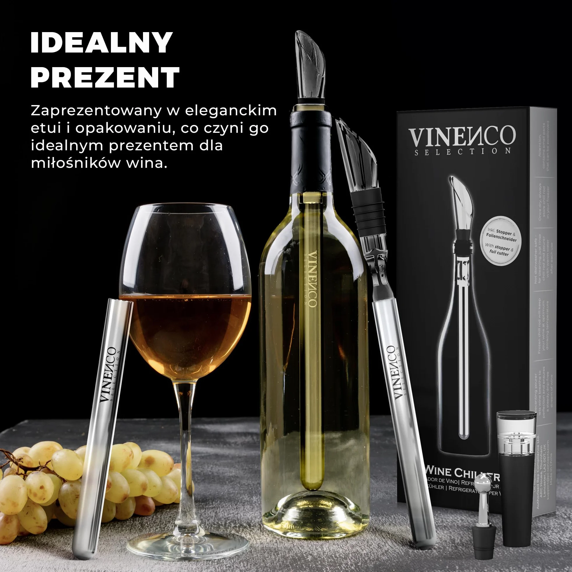 VINENCO Zestaw chłodzący do wina, zestaw chłodzący do butelek + dekanter 3 w 1 Premium akcesoria do chłodzenia wina: stal szlachetna lodówka do wina + napowietrzacz dekantacyjny + nalewak | prezent do