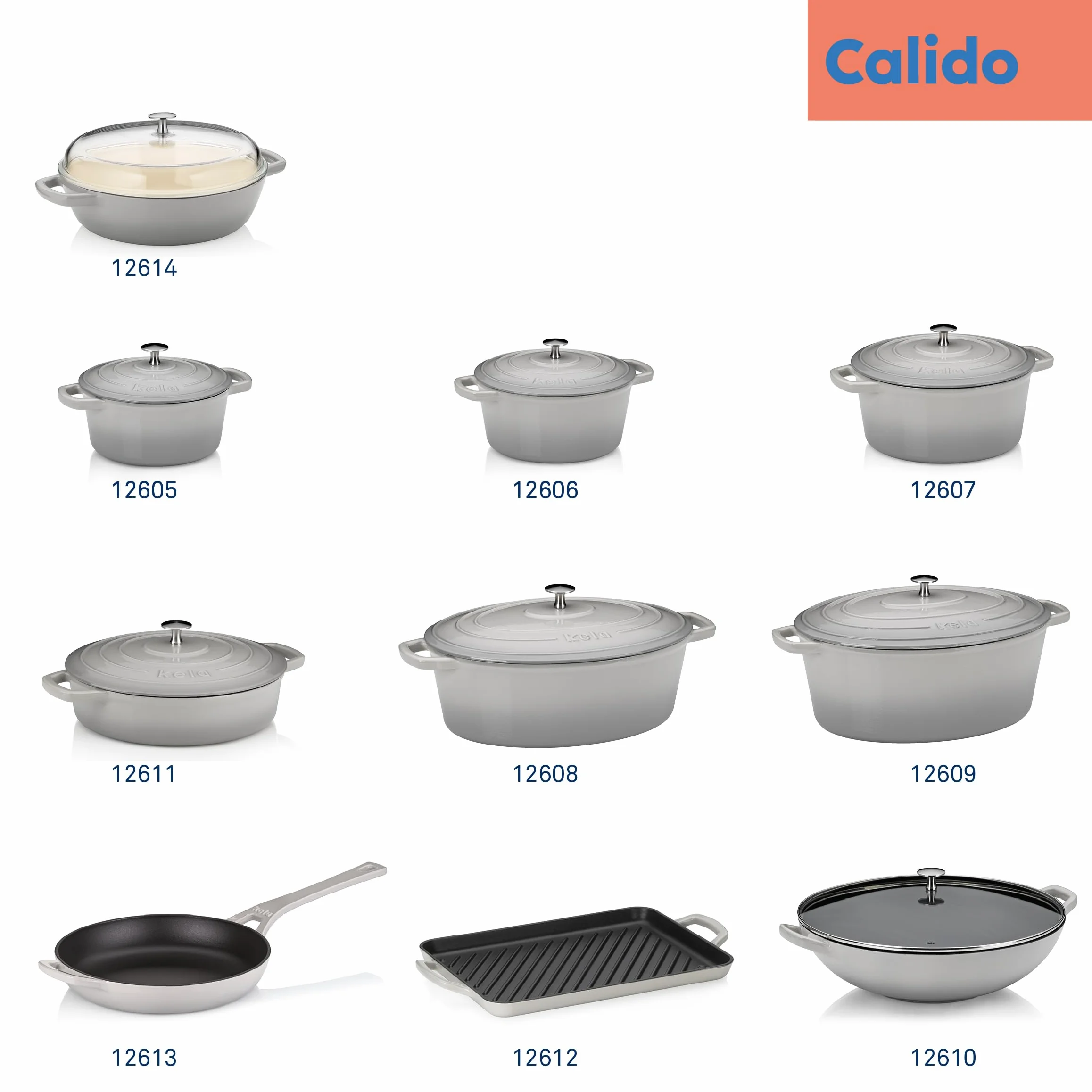 kela Garnek żeliwny owalny 6 litrów, Dutch Oven CALIDO, indukcyjna brytfanna żeliwna z pokrywką, żeliwny garnek do pieczenia chleba, emaliowana, jasnoszara, szara