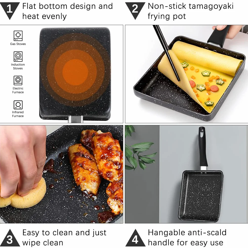 Japońska patelnia do omletów, prostokątna mini patelnia do jajek z szeroką silikonową szpatułką i 2 pierścieniami do jajek sadzonych, nieprzywierająca patelnia Tamagoyaki, kuchnia domowa, przybory