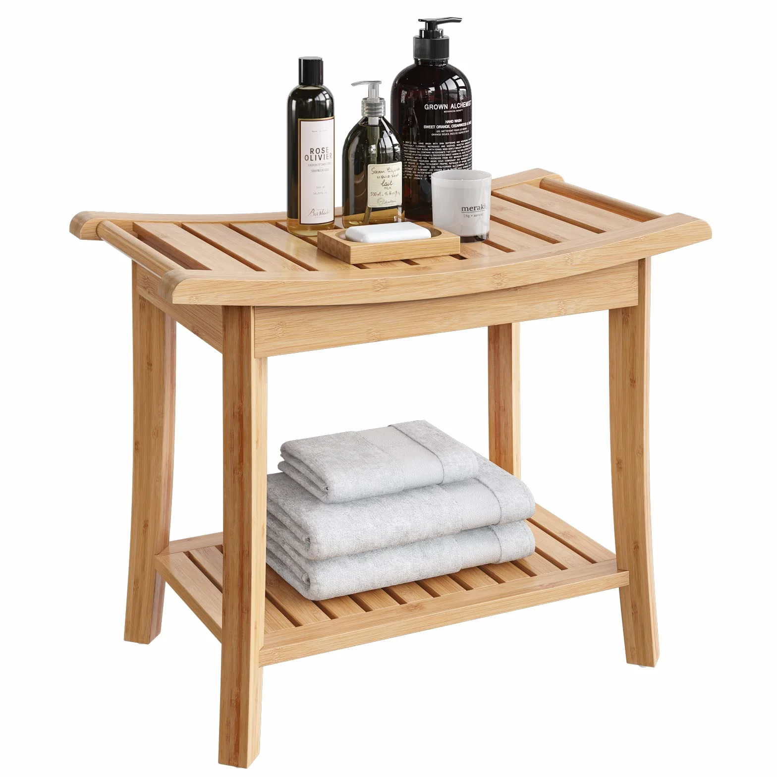 HOCSOK Taboret Bambusowy, ławka do siedzenia, stołek prysznicowy, wodoodporny, antypoślizgowy, 2 poziomy, do domu, łazienki, ogrodu, balkonu, 60 x 33 x 46 cm, meble łazienkowe, kolor