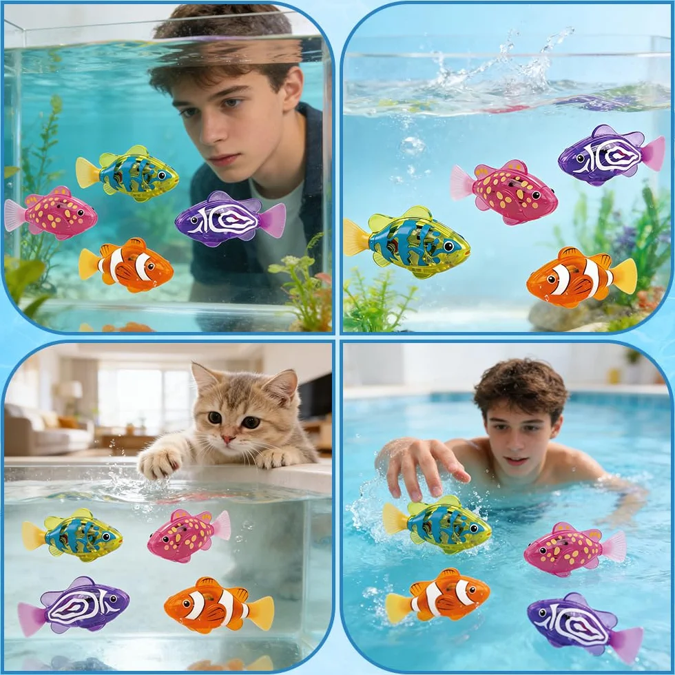 4 sztuki ryb robotów, Poisson Bain Qui Nage, wielokrotnego użytku Robo Fish, Poisson Robot z świecącą, zabawką dla kota, wanny, akwarium (B)