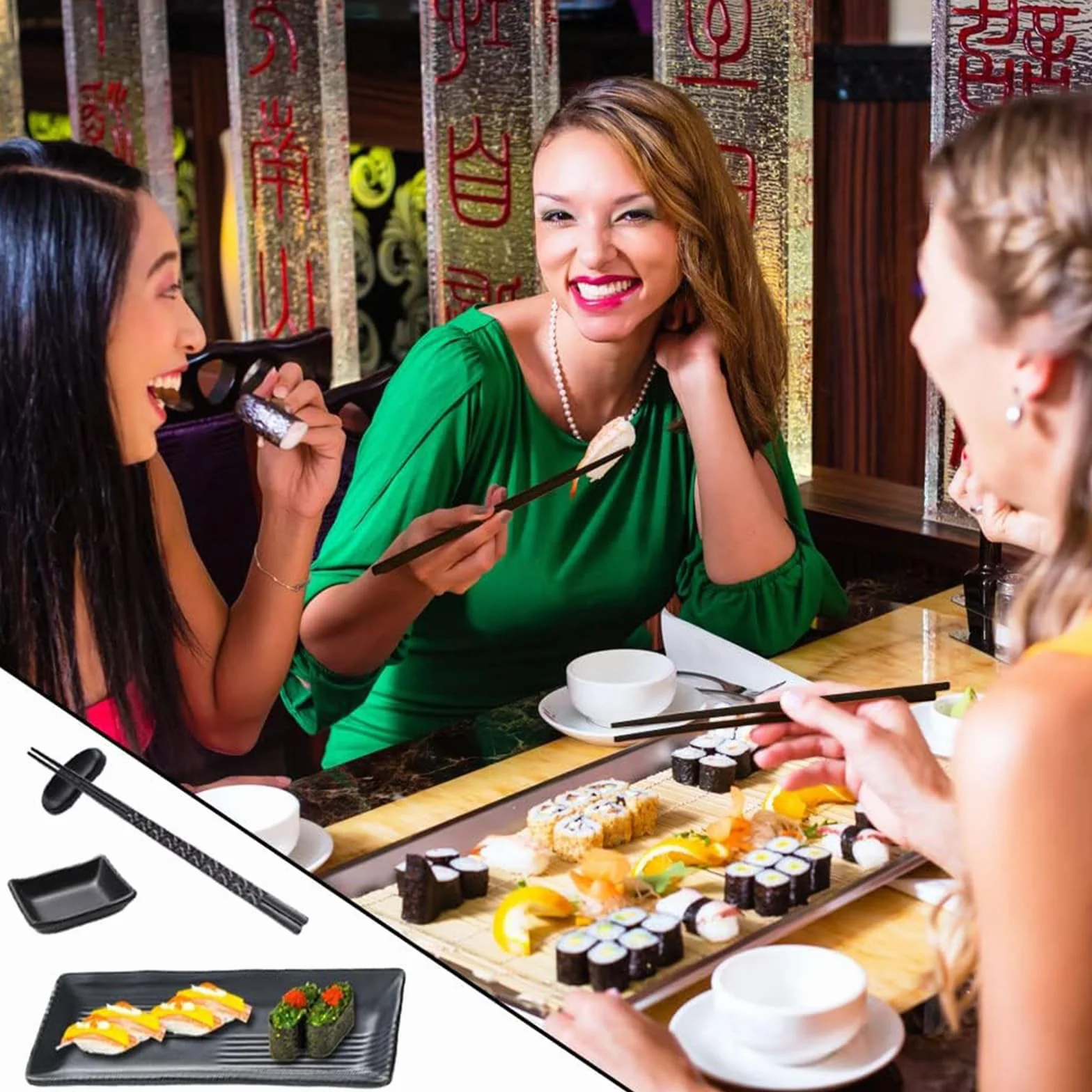 8-częściowy talerz do sushi łupek z miseczkami do dipów, 21 × 10 cm naczynia do sushi talerze łupkowe z pałeczkami, ławeczki do dipów talerze łupkowe dla 2 osób, SSCJTZ-001