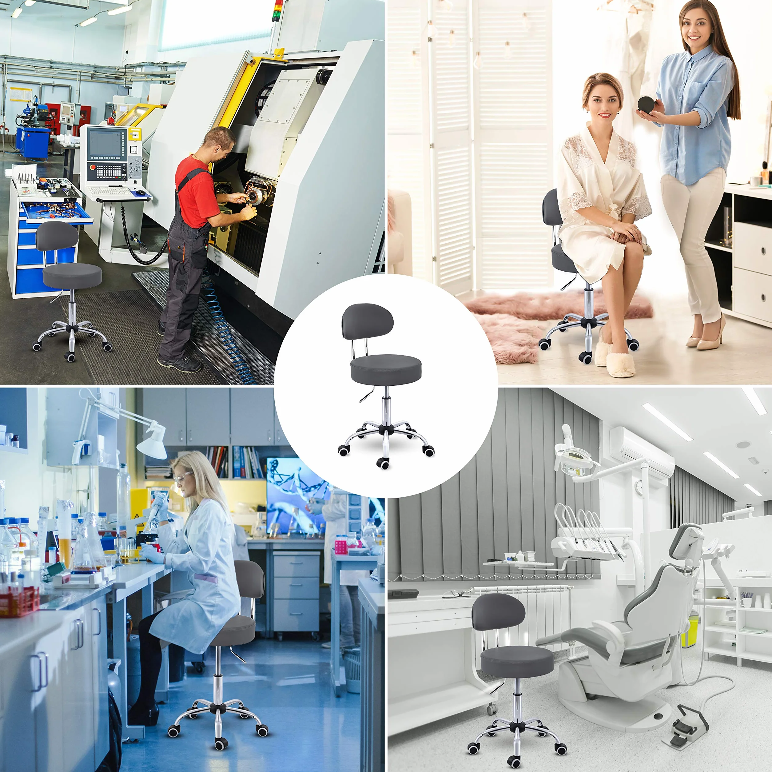 TRESKO® Taboret na kółkach z oparciem, szary, regulacja wysokości 47-60 cm, obrotowy z kółkami, krzesło biurowe, stołek obrotowy