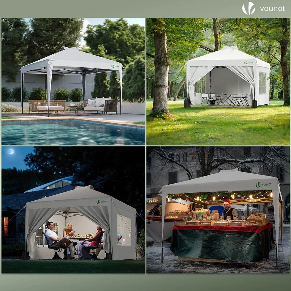 VOUNOT Altanka ogrodowa 3 x 3 m Pop up, składany namiot ze ściankami, wodoodporny, odporny na promieniowanie UV, oddychający, regulowana wysokość z torbą do przenoszenia, łatwy montaż, biały