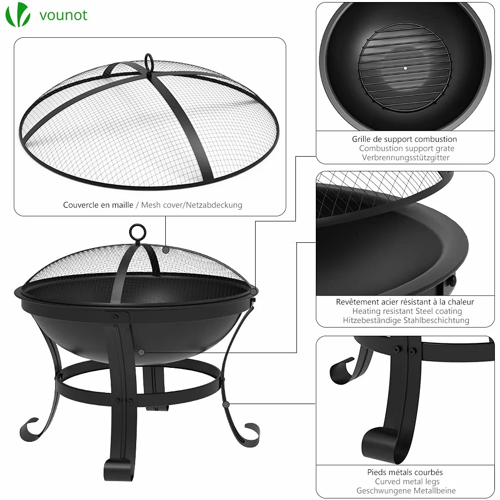 VOUNOT Palenisko z ochroną przed iskrami, palenisko do ogrzewania, ogrodu, na kemping, taras, Ø 55 cm, czarny