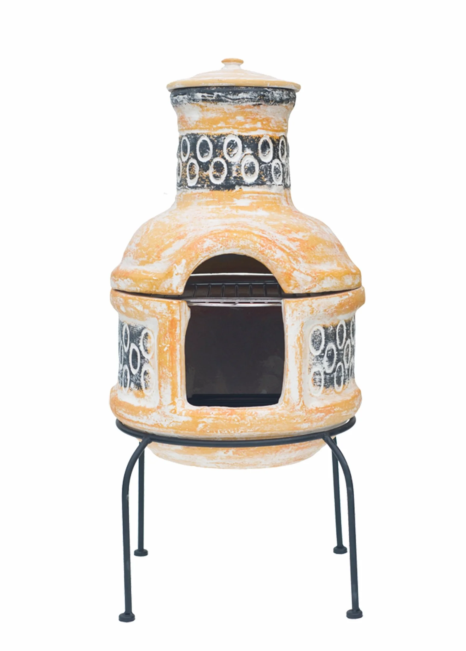 La Hacienda 67030 kółka 2 sztuki glinianej chimenea z grillem do gotowania, w zestawie z pokrywą przeciwdeszczową i stojakiem, chimenea do grilla, mała żółta i brązowa, 75 cm x 36 cm x 36 cm