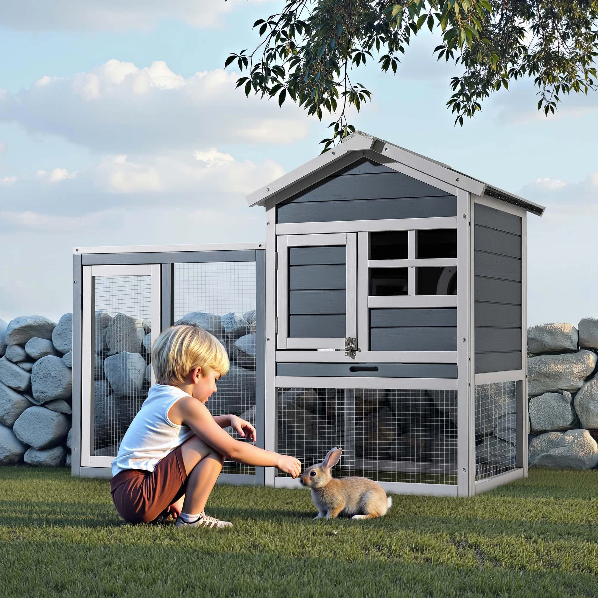 Wiltec klatka dla królików 1220 x 630 x 920 mm z wybiegiem i drewnianą budką 2 piętra