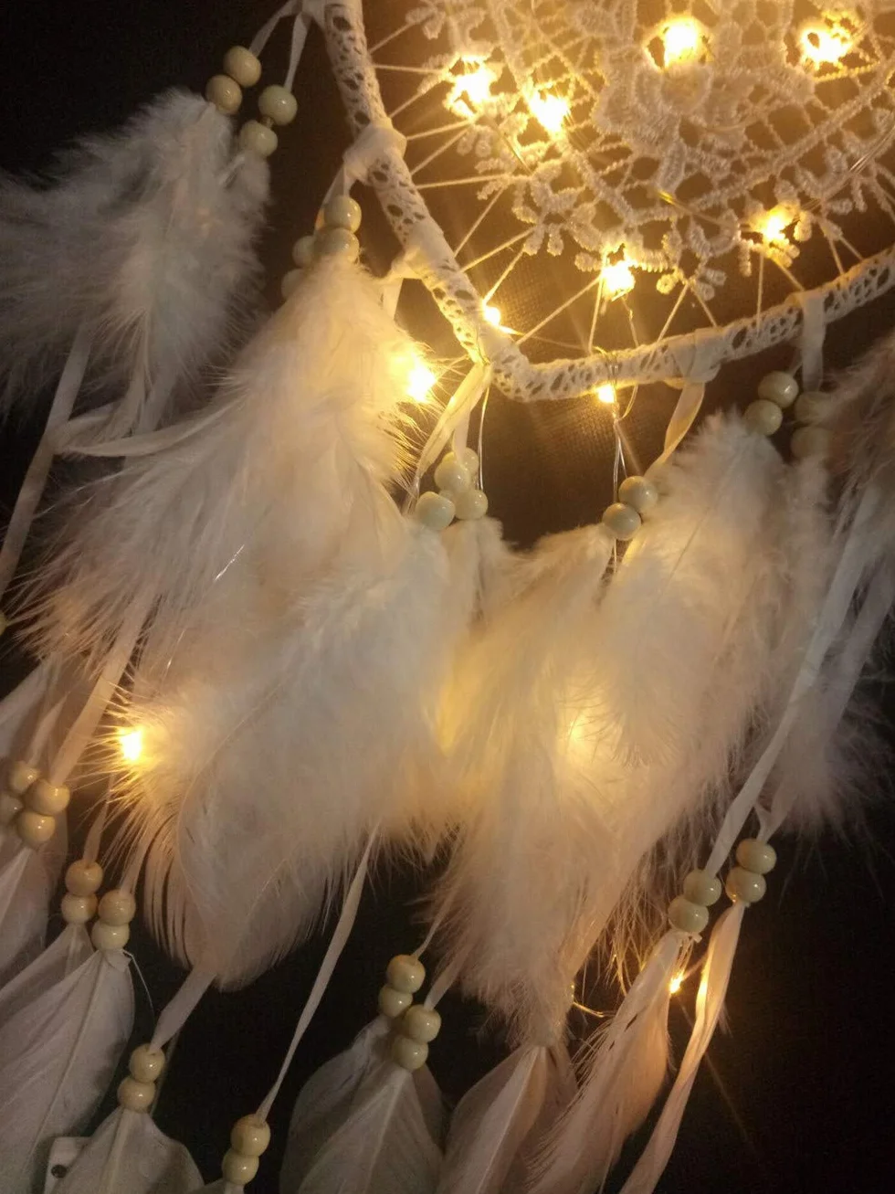 łapacz snów w stylu boho, w kształcie serca, ręcznie wykonany, lampa LED, ozdoba na ścianę, romantyczna dekoracja (kolor biały, z lampkami)