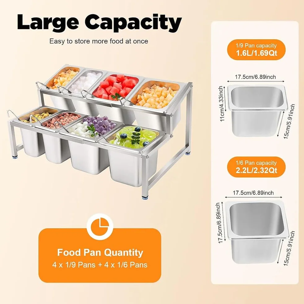 Rozkładana półka na przyprawy, Stal nierdzewna Pochylony organizer na przyprawy z 4 1/9 miską, 4 1/6 miską i 8 chochlami do przypraw do bufetów kuchennych i restauracyjnych