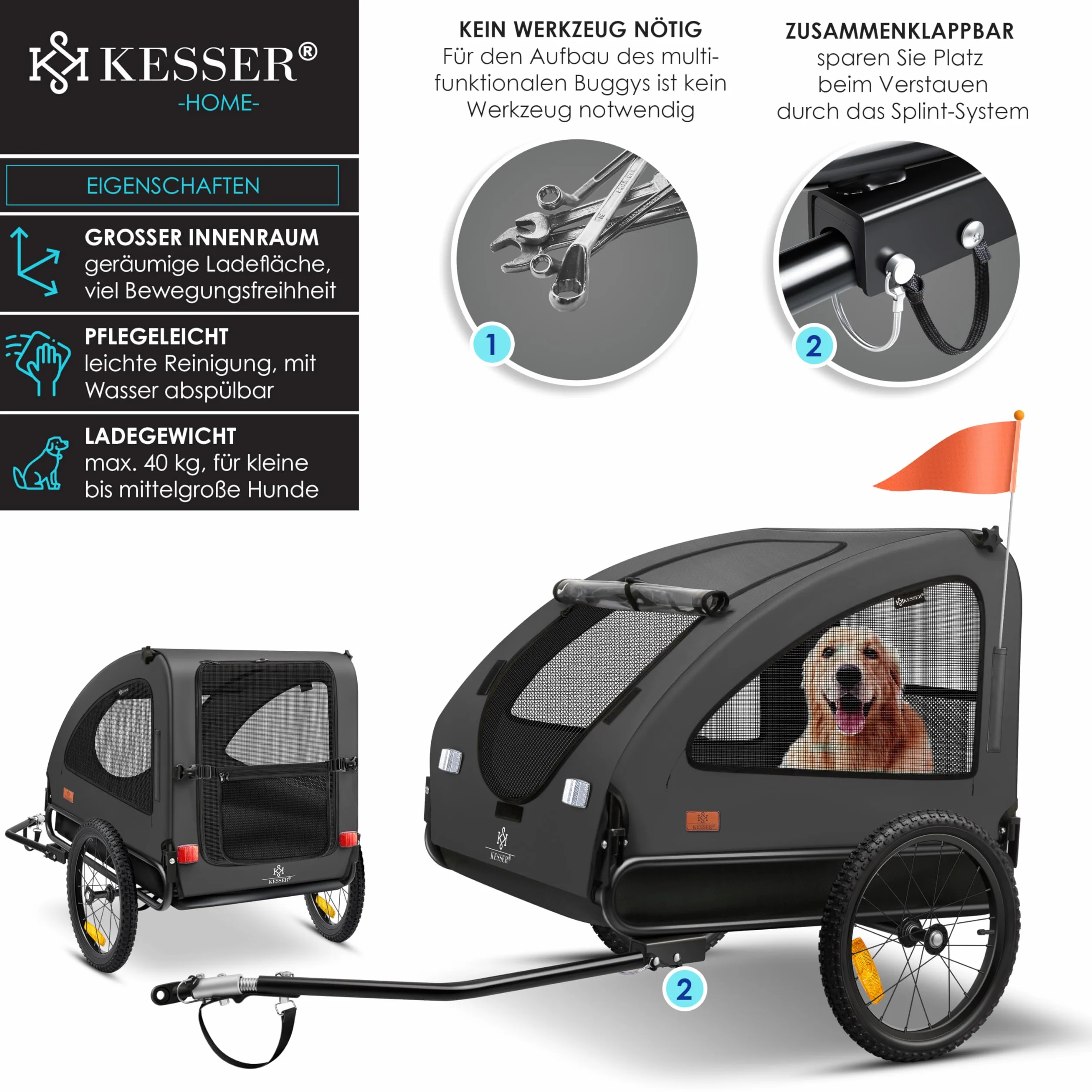 KESSER® Zawieszka dla psa 2 w 1 przyczepka rowerowa dla psa, duża pojemność ok. 250 l, w zestawie flaga i torba, płótno Oxford 600D, składany, SmartSpace Concept, maks. 45 kg