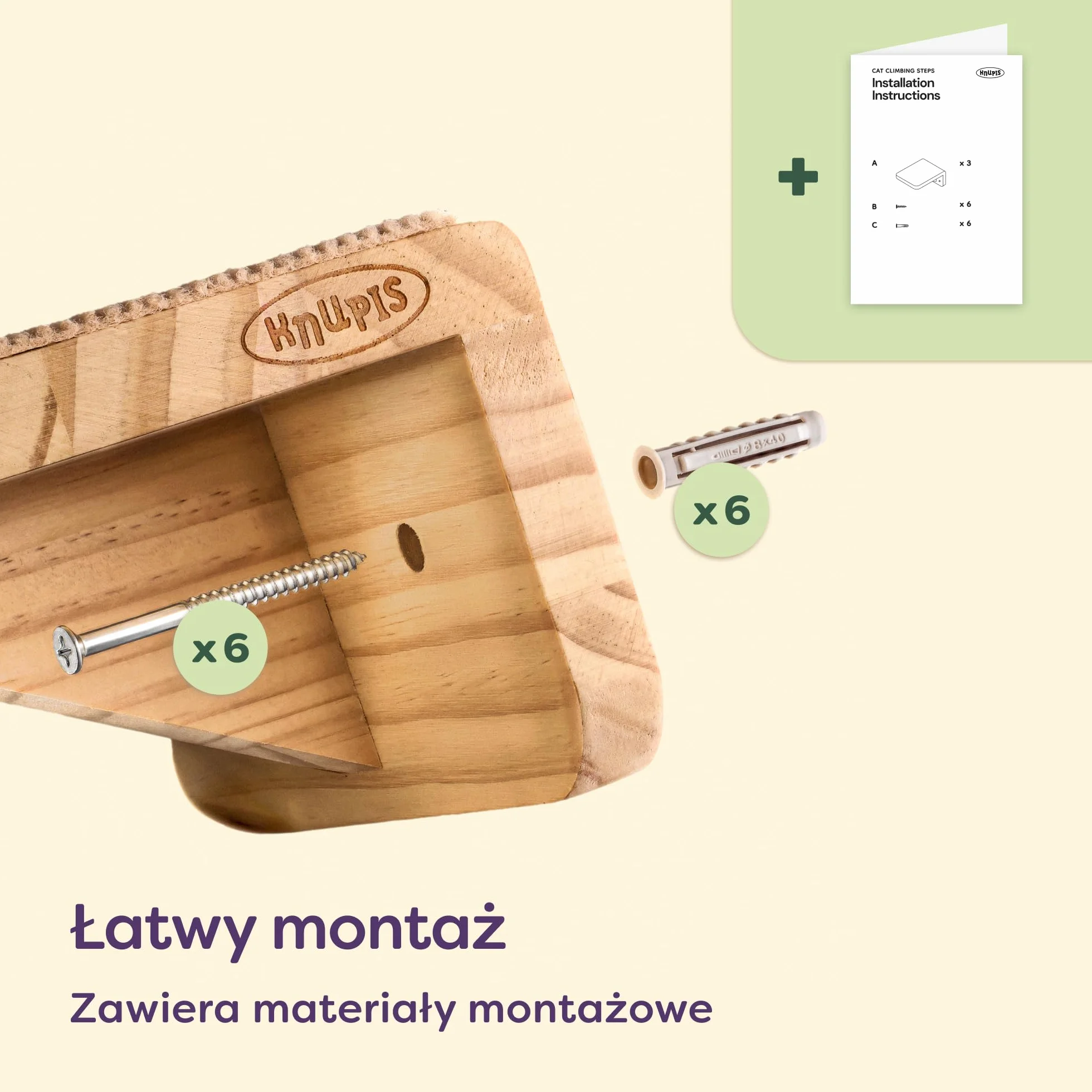 Ścianka Wspinaczkowa Dla Kotów - 3 Ścianka Schodowa Dla Kotów - Fsc® Drewno Sosnowe - Antypoślizgowa Włóknina - Łatwy Montaż - Udźwig Do 30kg (Beż, 18x10cm, 1)