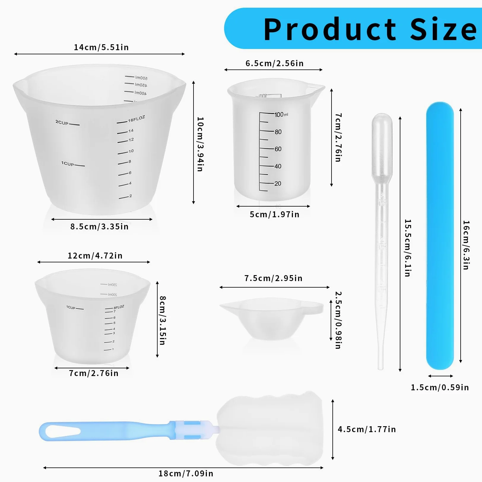 7 silikonowych kubków miarowych do wylewania, 100 ml 250 ml 500 ml, zestaw kubków silikonowych do żywicy epoksydowej, DIY, laboratorium, kuchni, w tym 3 miarki i akcesoria
