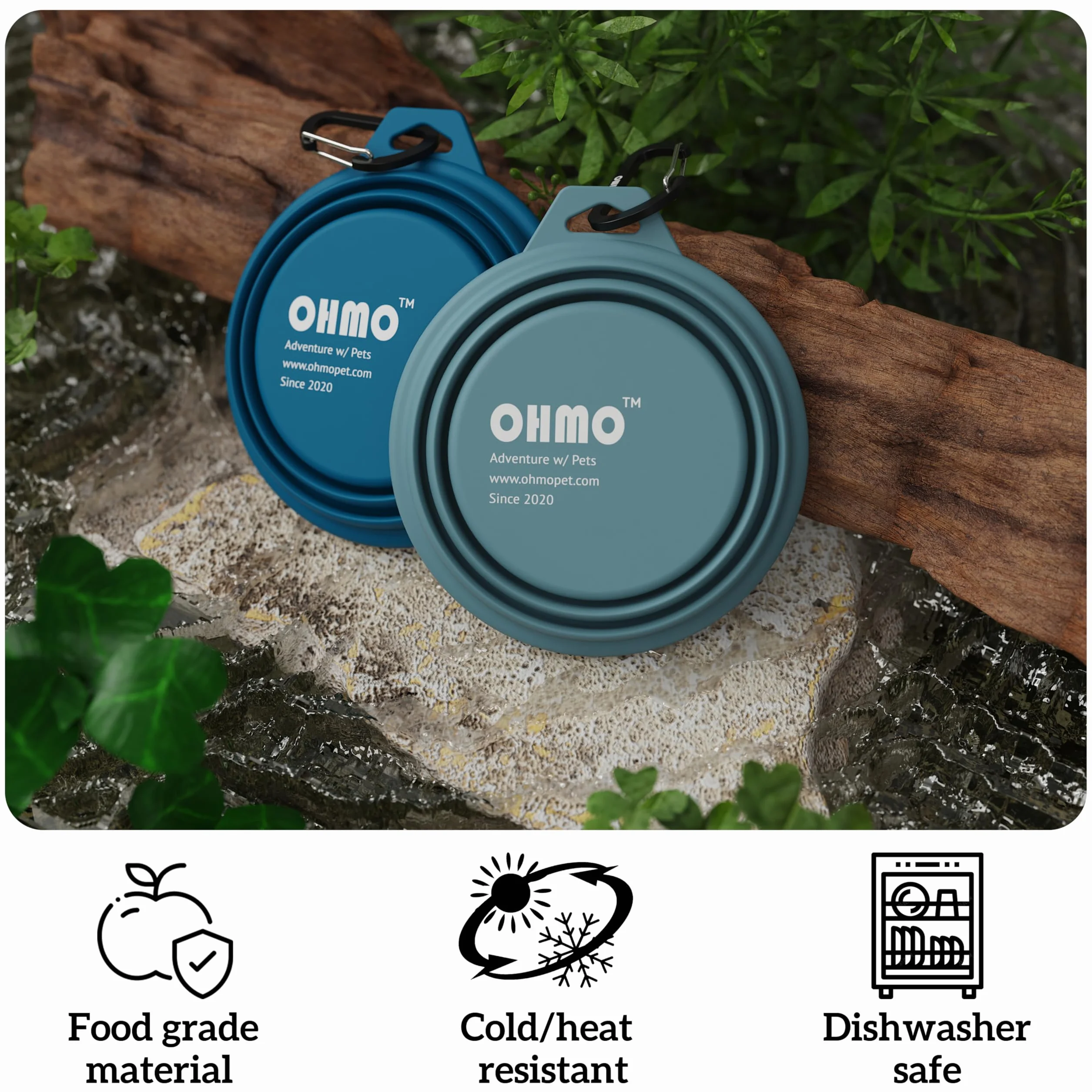 OHMO Składana miska dla psa silikonowa 400 ml 2 sztuki jasnoniebieska i popiół