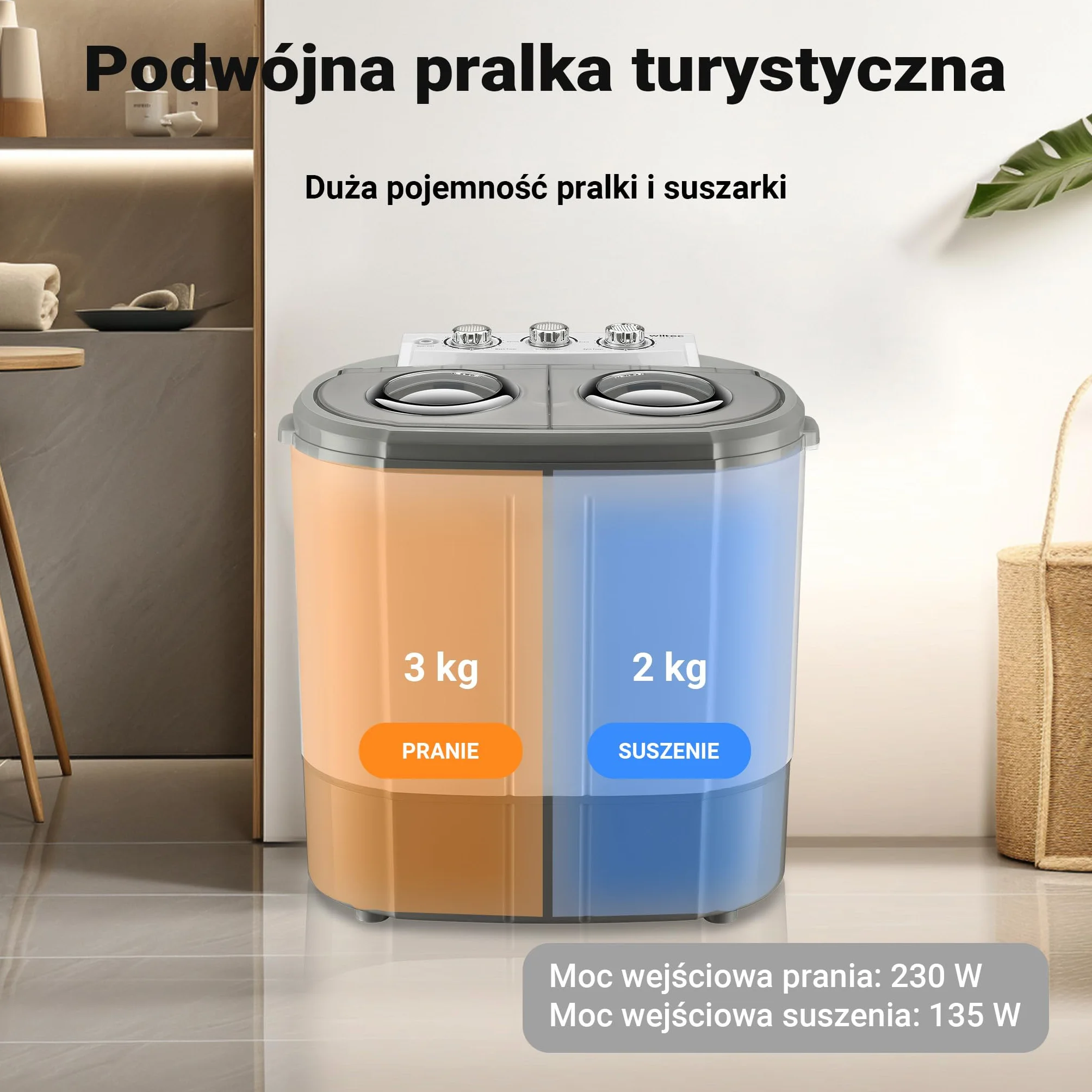 Wiltec Pralka turystyczna wirnikowa 60 x 36 x 60 cm, mini pralka przenośna do 3 kg prania, pralko-wirówka z dwoma bębnami