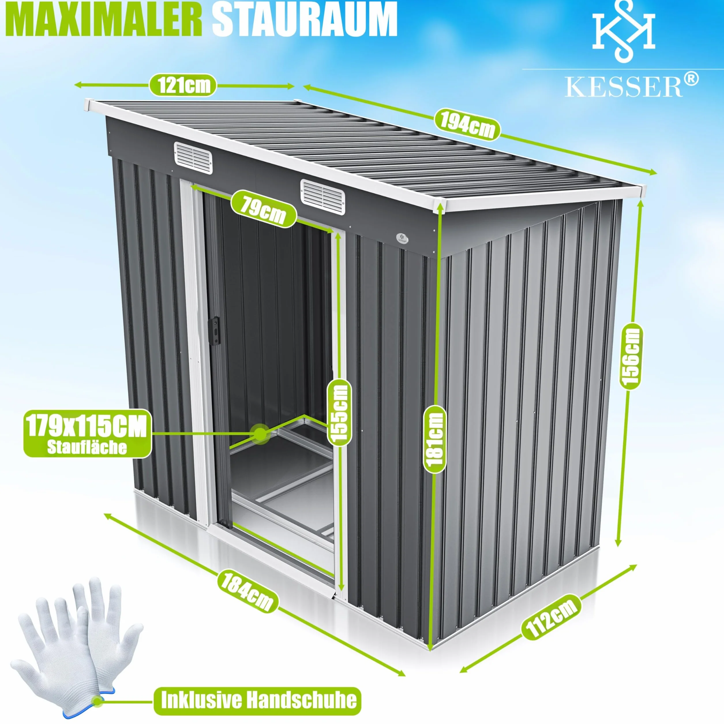 KESSER® - Domek na narzędzia L metalowy 4 m³ z fundamentem | 210 x 132 x 186 cm | 2 x drzwi przesuwne i fundament | szopa na narzędzia | szopa ogrodowa | szopa ogrodowa | dach jednospadowy szopa