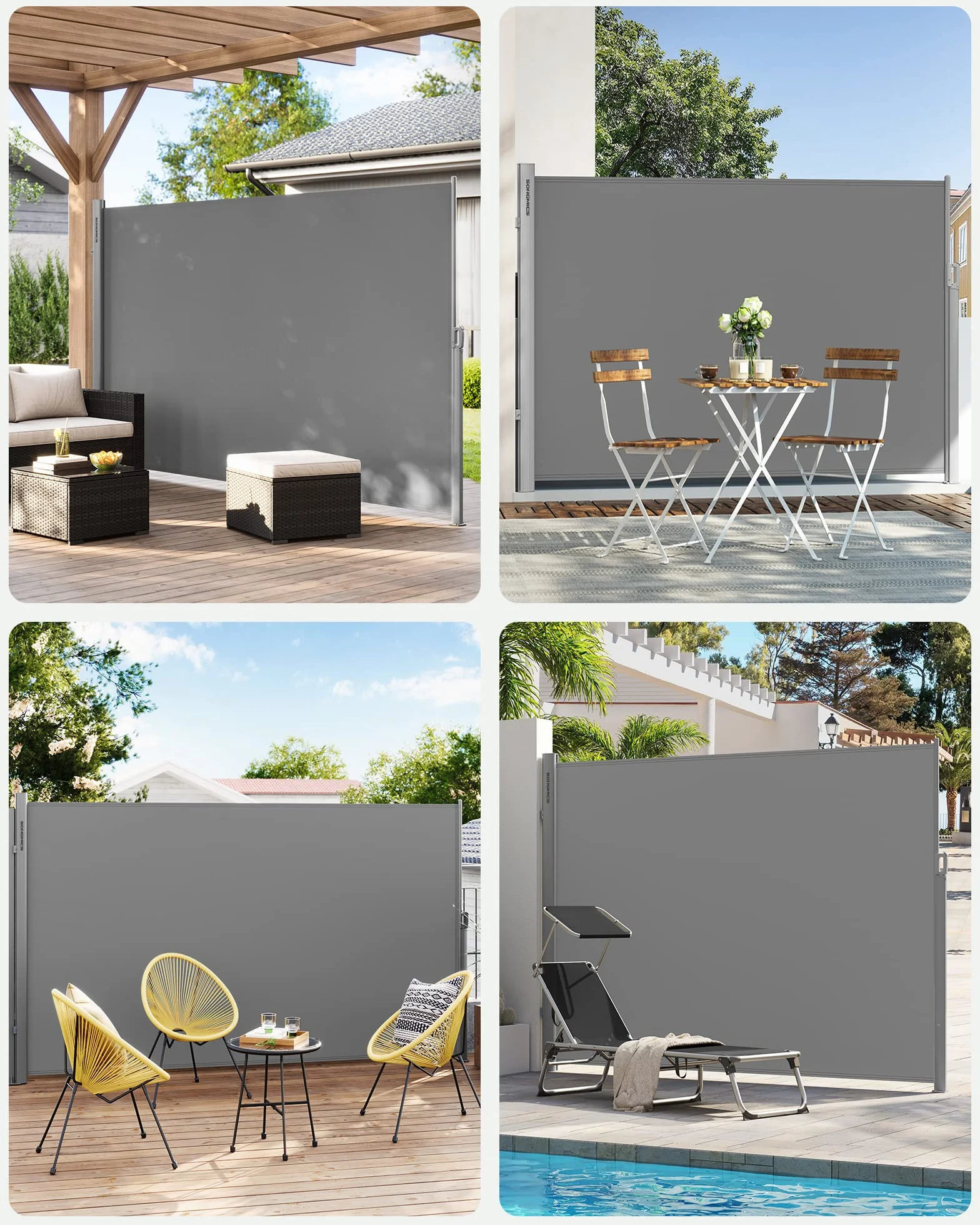 Markiza boczna aluminiowa SONGMICS, rozkładana, 180 x 400 cm, zasłona przeciwsłoneczna, ochrona przeciwsłoneczna, nieprzezroczysta, roleta boczna, na balkon, taras, ogród, szary GSA184G03