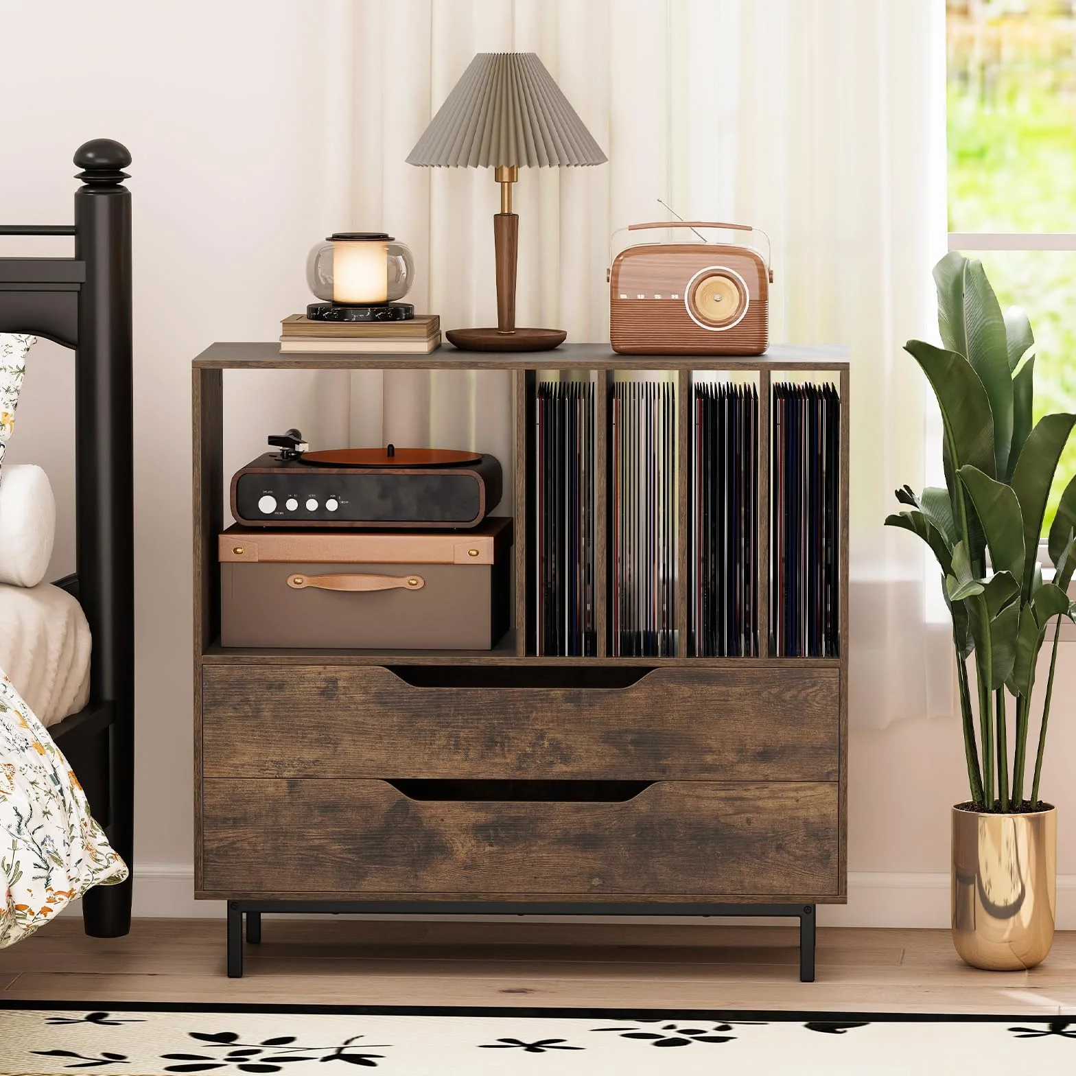COSTWAY Stojak na Gramofon w Stylu Retro, Szafka na Płyty Winylowe z Otwartą Półką, 4 Przegrody na Winyle i 2 Szuflady, Stół Muzyczny do Salonu i Sypialni, Brązowy