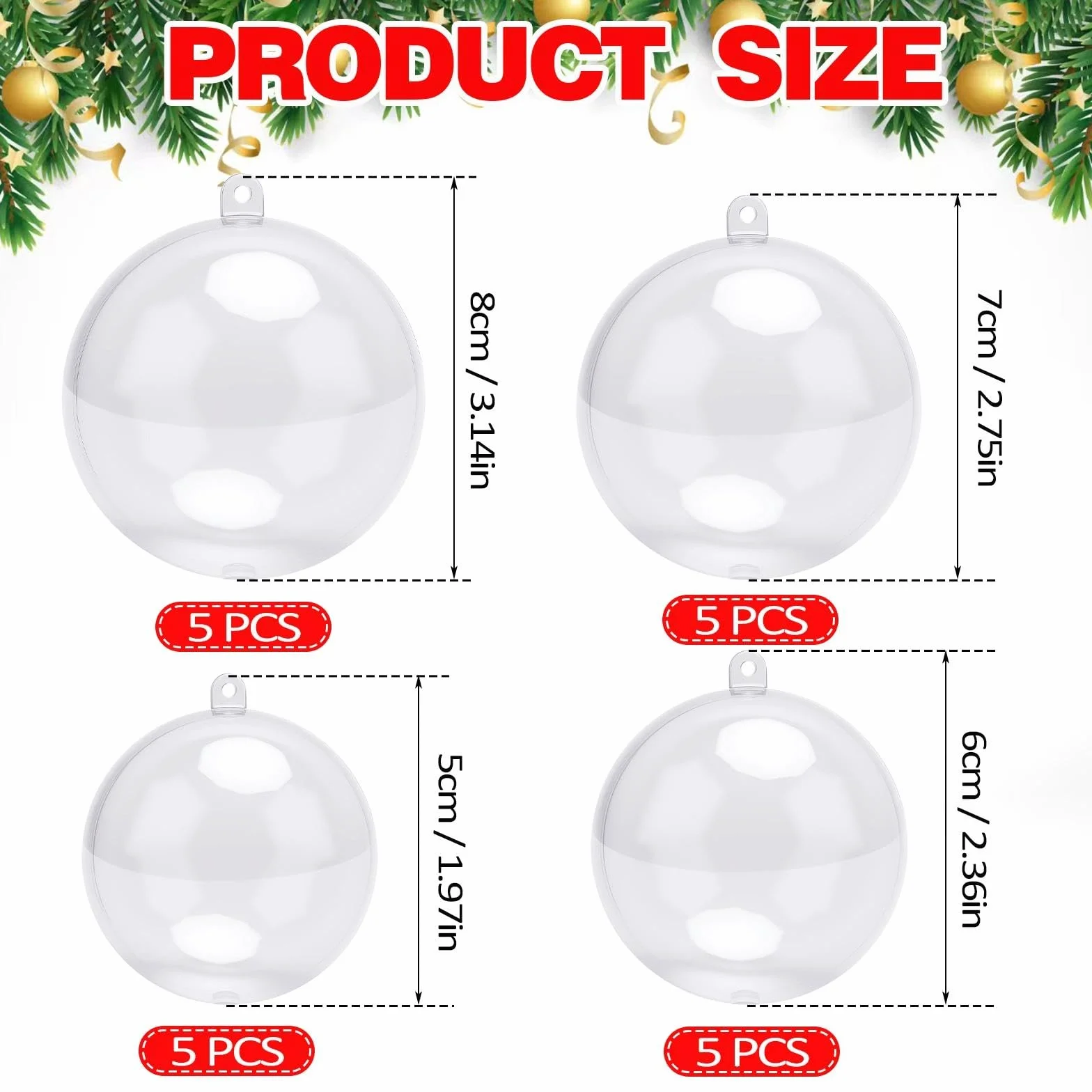 20 sztuk kul z tworzywa sztucznego przezroczyste 5 cm 6 cm 7 cm 8 cm, bombki choinkowe, plastikowe kulki do napełnienia (5 6 7 8 cm)
